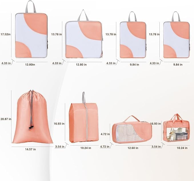 image:imageCompression Packing Cubes Travel DIMJ 8 Set Packing Cubes for Travel Lightweight Packing Cubes Compression Packing Cubes for Suitcases with Thick Zip Clear Window Wash Bag Pink HXYS004