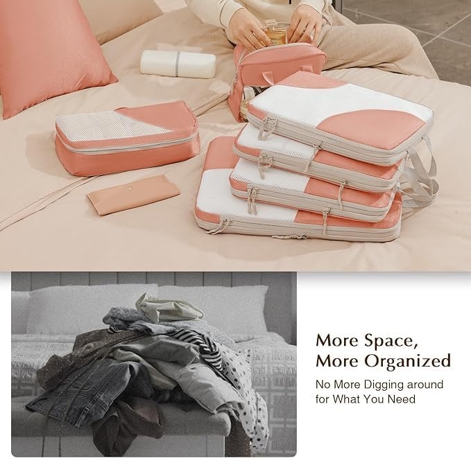image:imageCompression Packing Cubes Travel DIMJ 8 Set Packing Cubes for Travel Lightweight Packing Cubes Compression Packing Cubes for Suitcases with Thick Zip Clear Window Wash Bag Pink HXYS004