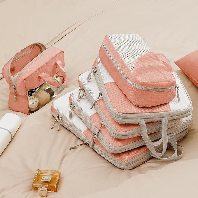 image:imageCompression Packing Cubes Travel DIMJ 8 Set Packing Cubes for Travel Lightweight Packing Cubes Compression Packing Cubes for Suitcases with Thick Zip Clear Window Wash Bag Pink HXYS004