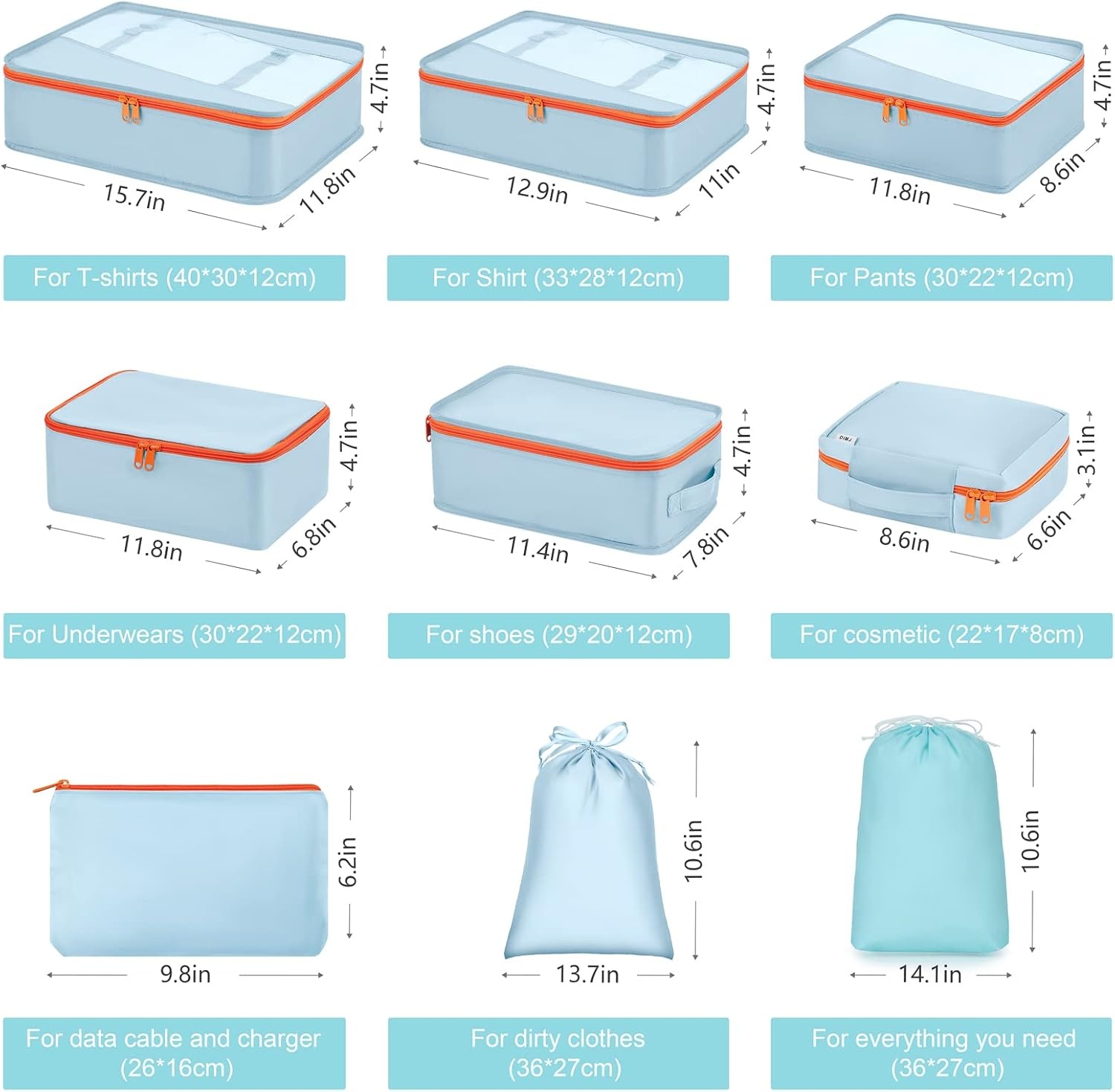 image:imageDIMJ 11 Set Packing Cubes Travel Luggage Packing Organizers Lightweight Travel Cloth Storage Bag with Bra Underwear Cube Cosmetics Bag and Shoe Pouch