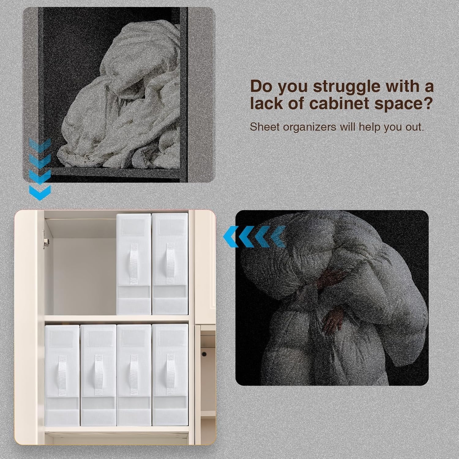 image:imageDIMJ Bed Sheet Organizers and Storage 6 Pack Foldable Sheet Holder Linen Closet Organizer Box for Sheets Set Bedding Blankets Towel King amp Queen Size GreyWhite