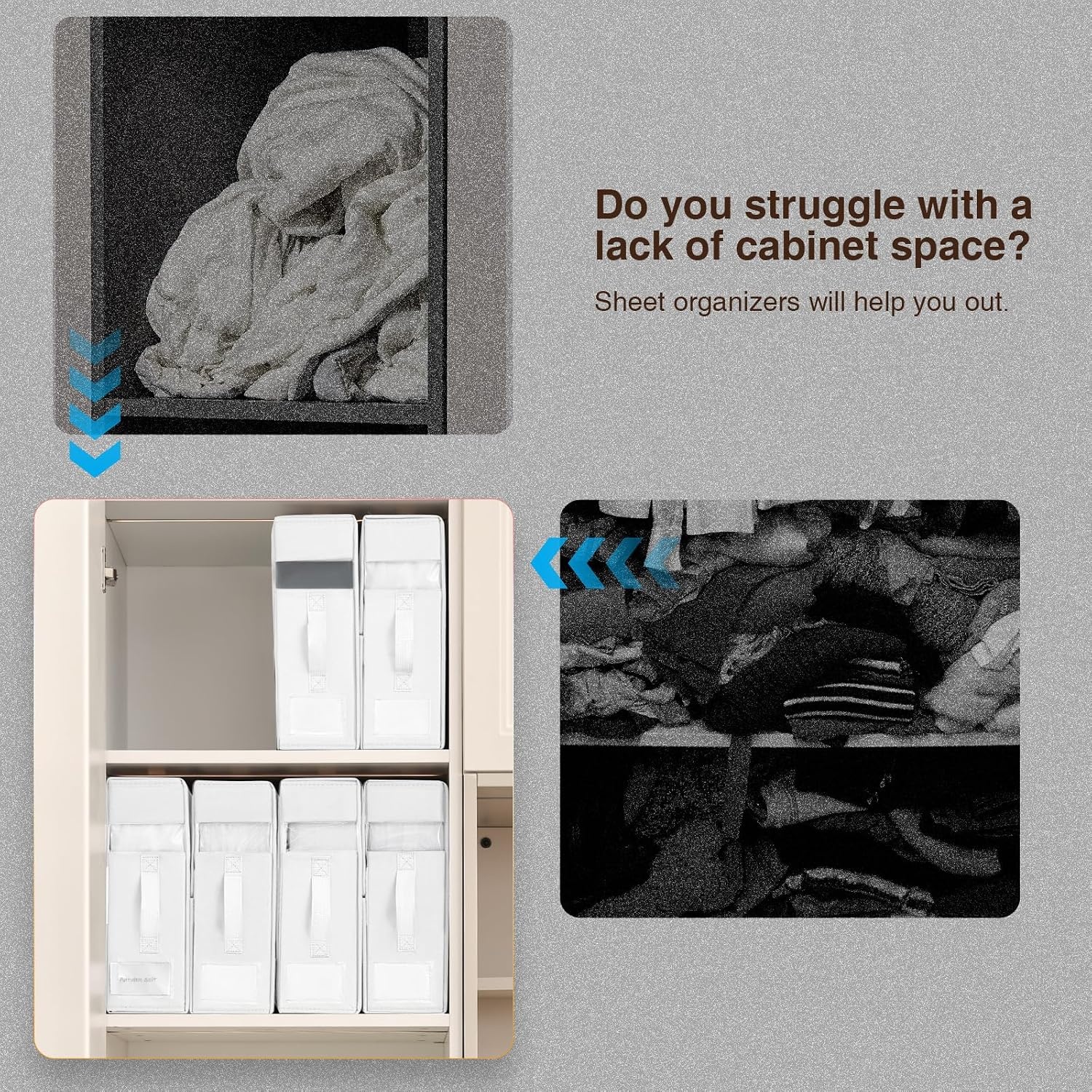 image:imageDIMJ Bed Sheet Organizers and Storage 6 Pack Foldable Sheet Holder Linen Closet Organizer Box for Sheets Set Bedding Blankets Towel King amp Queen Size GreyWhite