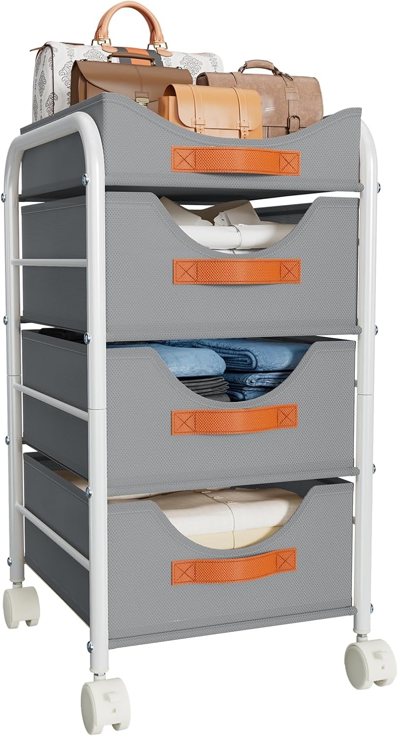image:imageDIMJ Closet Organizers and Storage 4 Tier Fabric Clothes Drawer Storage Bins Stackable Rolling Storage Cart with Wheel Small Dresser for Closet Bedroom Nursery OfficeGrey