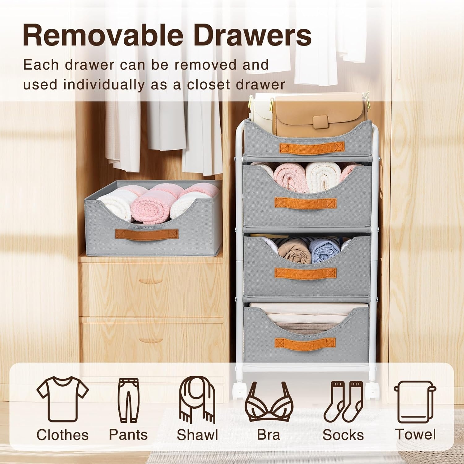 image:imageDIMJ Closet Organizers and Storage 4 Tier Fabric Clothes Drawer Storage Bins Stackable Rolling Storage Cart with Wheel Small Dresser for Closet Bedroom Nursery OfficeGrey
