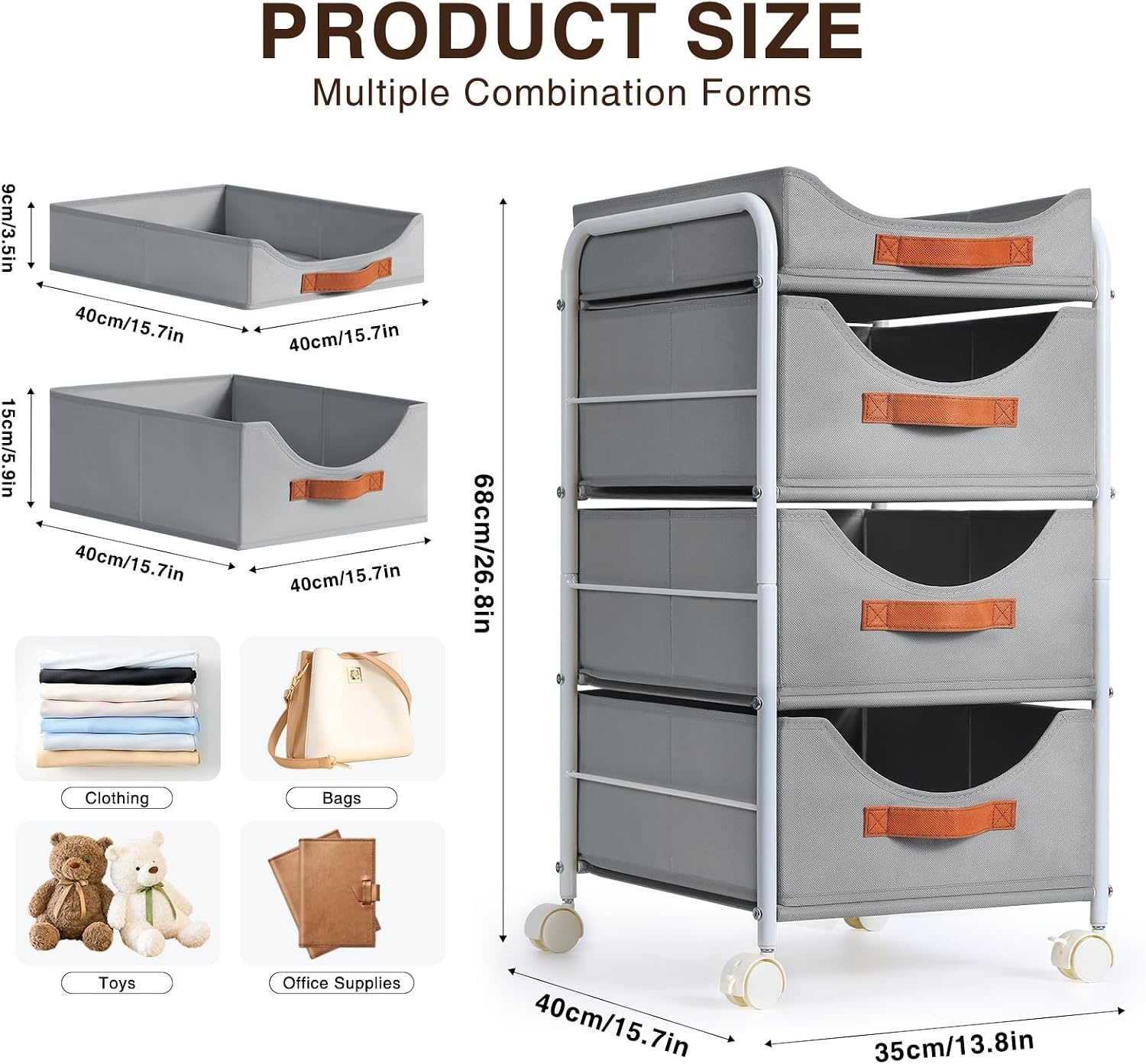 image:imageDIMJ Closet Organizers and Storage 4 Tier Fabric Clothes Drawer Storage Bins Stackable Rolling Storage Cart with Wheel Small Dresser for Closet Bedroom Nursery OfficeGrey