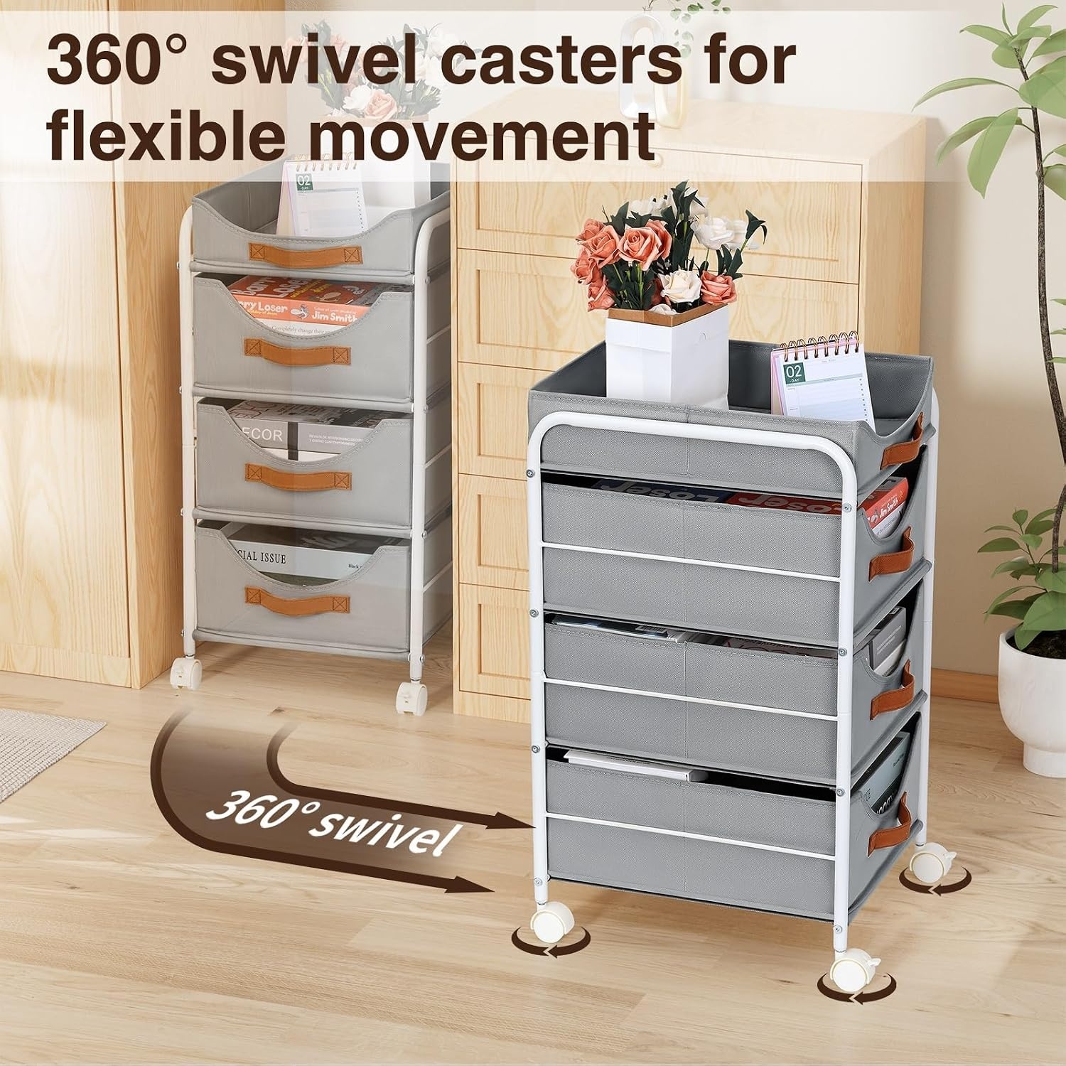 image:imageDIMJ Closet Organizers and Storage 4 Tier Fabric Clothes Drawer Storage Bins Stackable Rolling Storage Cart with Wheel Small Dresser for Closet Bedroom Nursery OfficeGrey