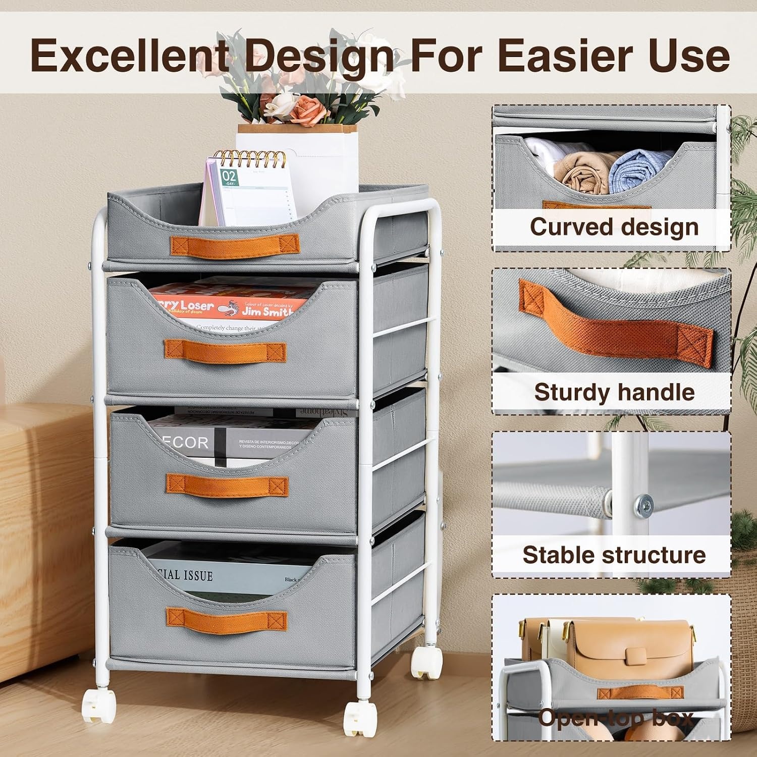 image:imageDIMJ Closet Organizers and Storage 4 Tier Fabric Clothes Drawer Storage Bins Stackable Rolling Storage Cart with Wheel Small Dresser for Closet Bedroom Nursery OfficeGrey