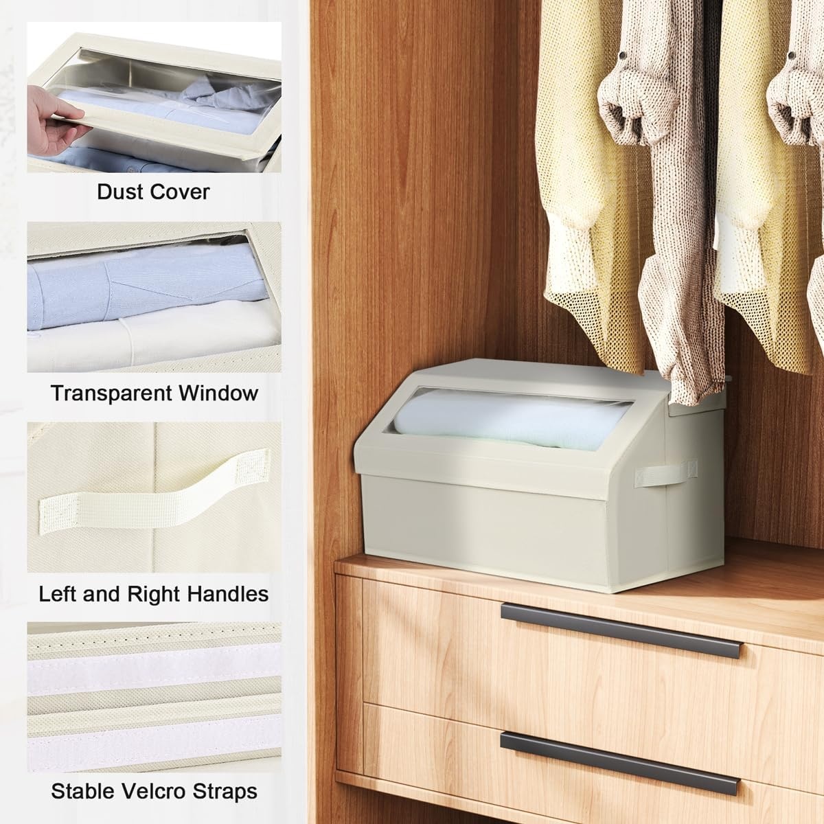 image:imageDIMJ Closet Storage Bins with Lids Storage Boxes with Front Window Foldable Fabric Storage Bins Closet Organizers and Storage for Clothes Towels Shelves 4 Pack Beige