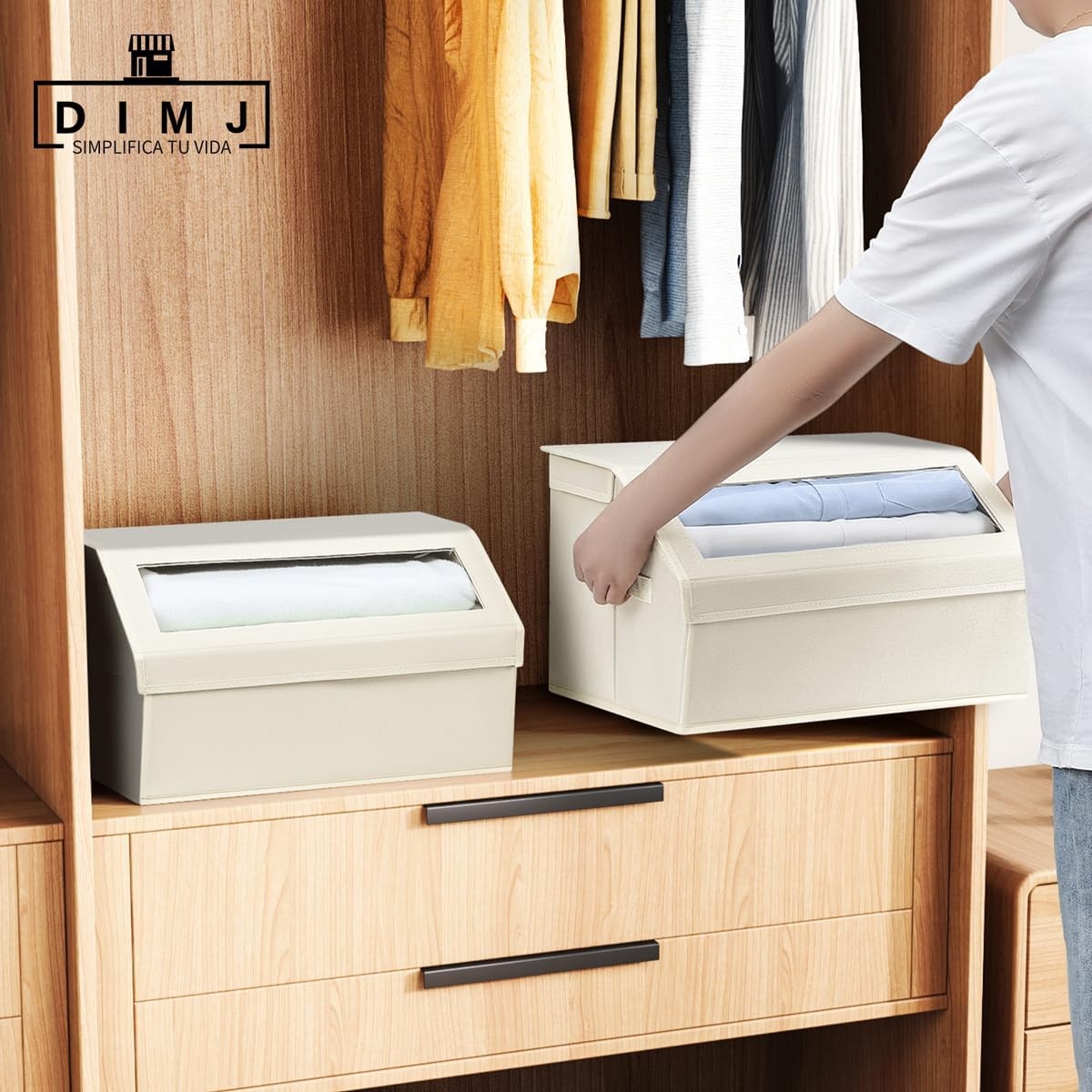 image:imageDIMJ Closet Storage Bins with Lids Storage Boxes with Front Window Foldable Fabric Storage Bins Closet Organizers and Storage for Clothes Towels Shelves 4 Pack Beige