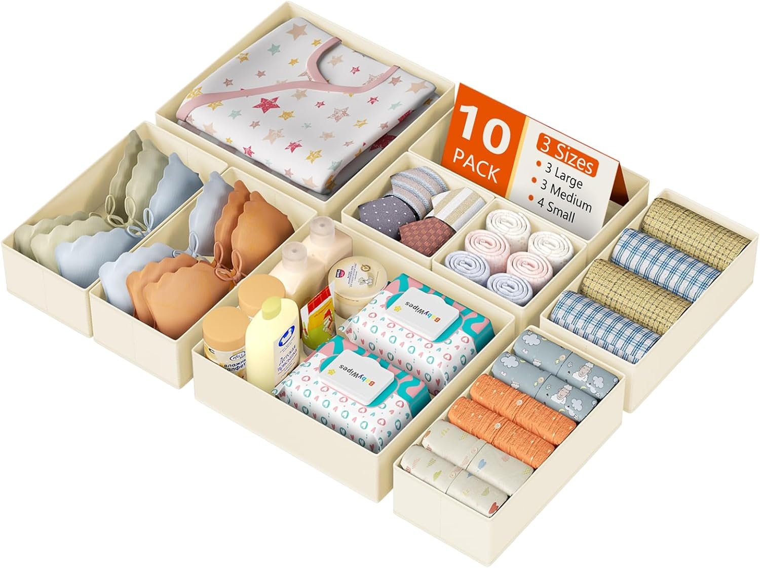 image:imageDIMJ Clothes Drawer Organizer 12 Packs Foldable Underwear Organizer for Baby Clothes Tie Bra Sock BlackBeige