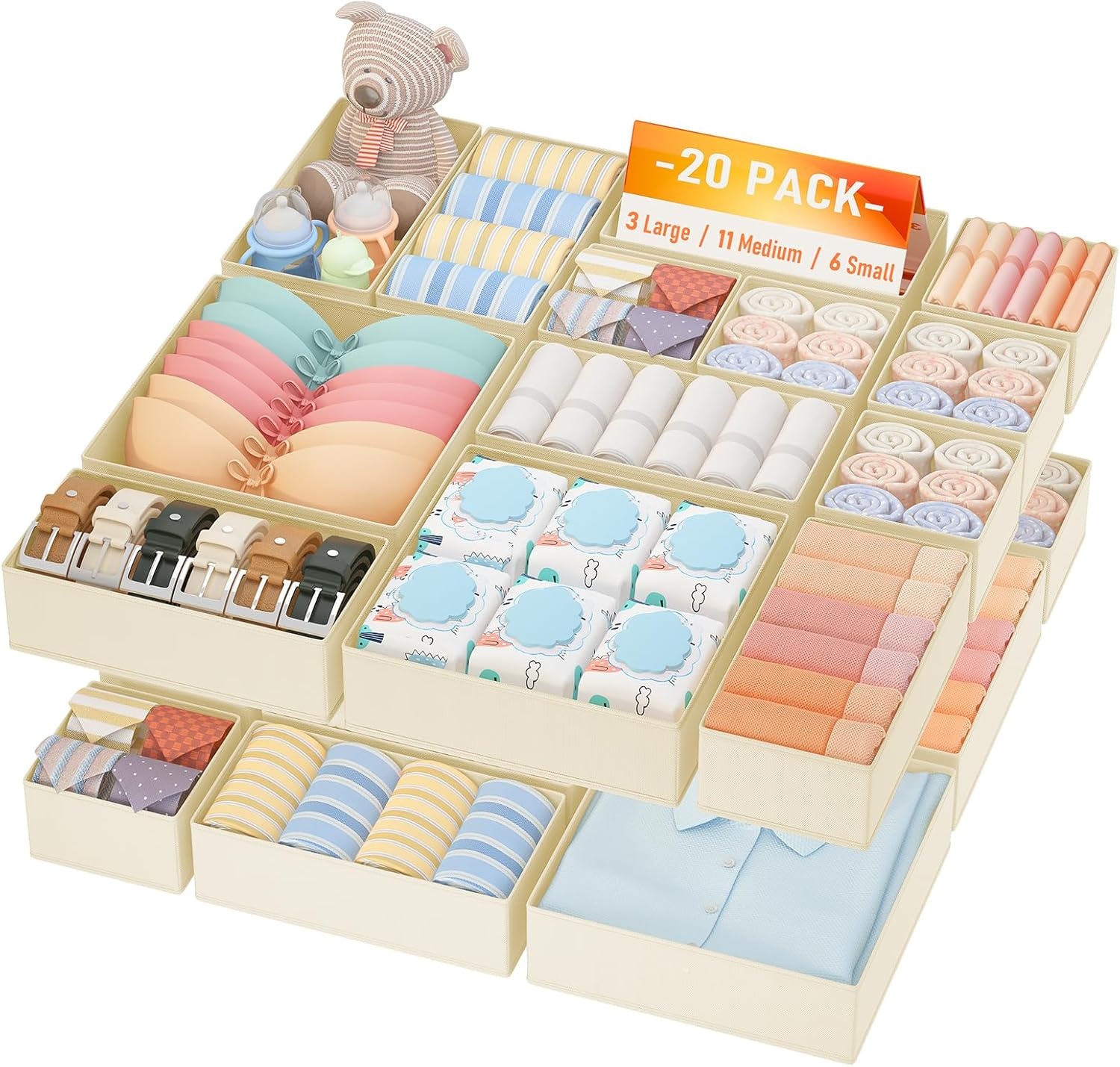image:imageDIMJ Clothes Drawer Organizer 12 Packs Foldable Underwear Organizer for Baby Clothes Tie Bra Sock BlackBeige