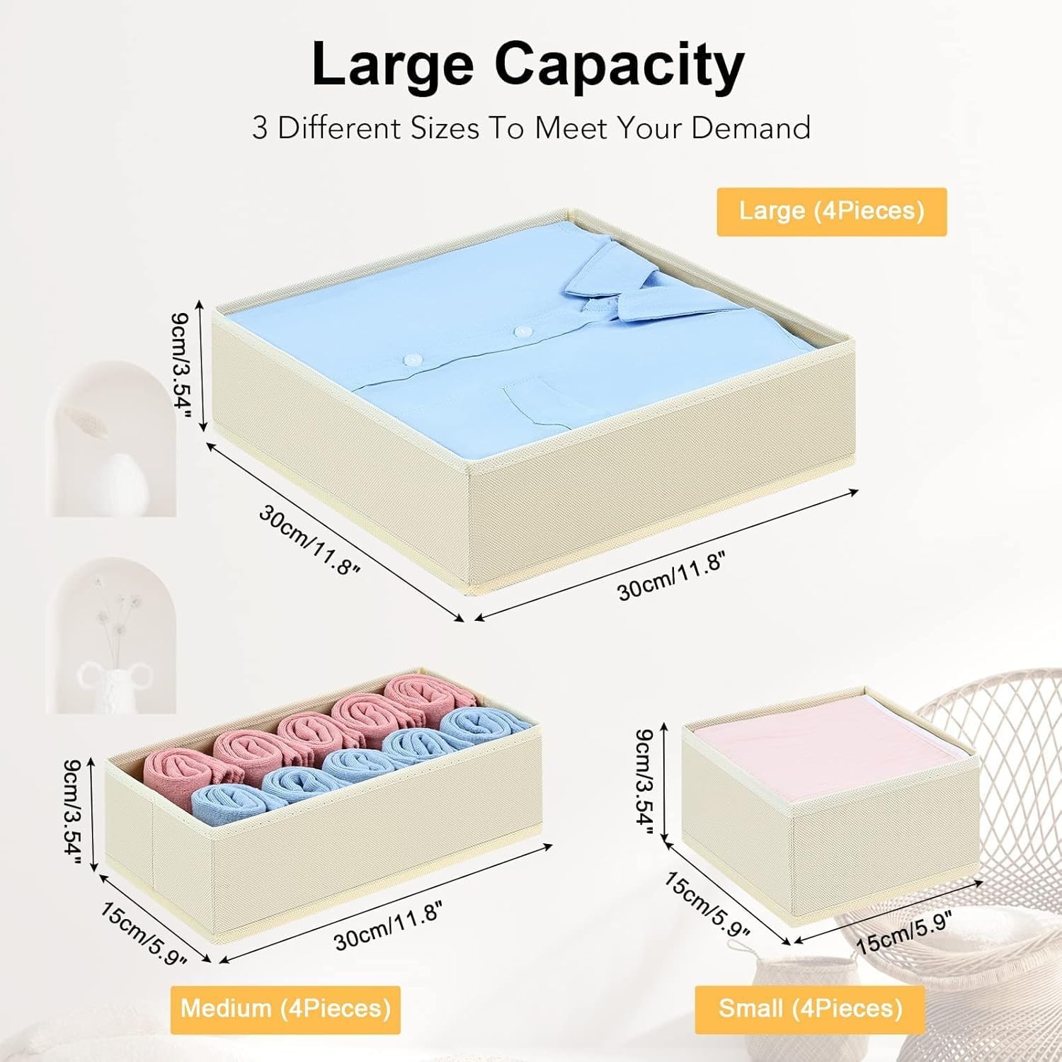 image:imageDIMJ Clothes Drawer Organizer 12 Packs Foldable Underwear Organizer for Baby Clothes Tie Bra Sock BlackBeige