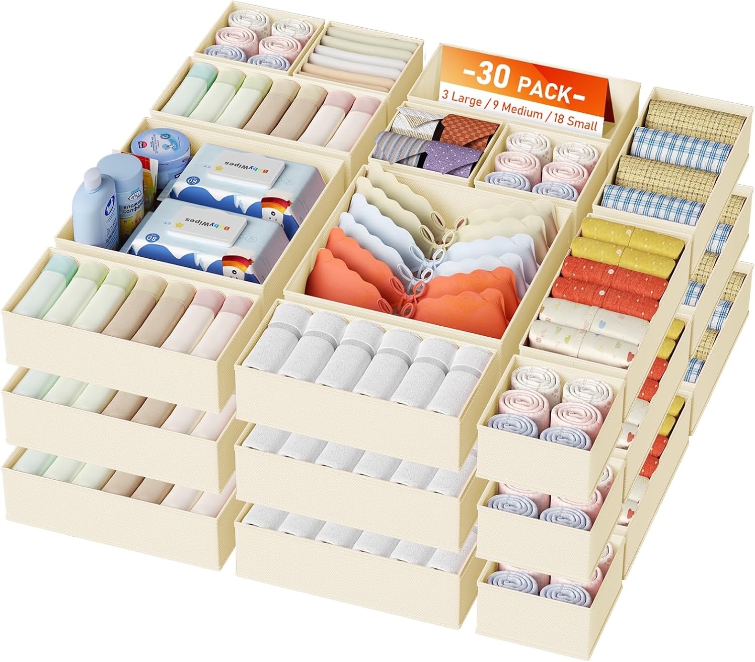 image:imageDIMJ Clothes Drawer Organizer 12 Packs Foldable Underwear Organizer for Baby Clothes Tie Bra Sock BlackBeige