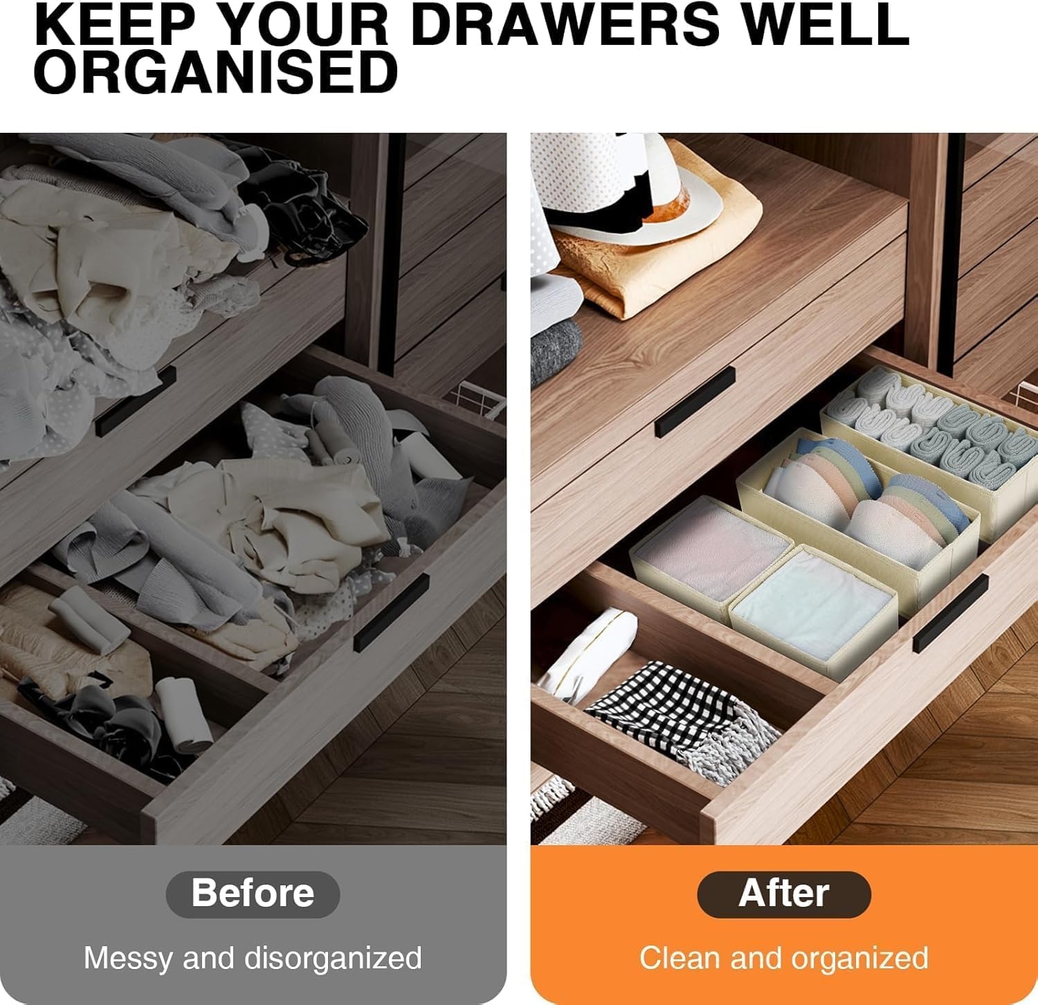 image:imageDIMJ Clothes Drawer Organizer 12 Packs Foldable Underwear Organizer for Baby Clothes Tie Bra Sock BlackBeige