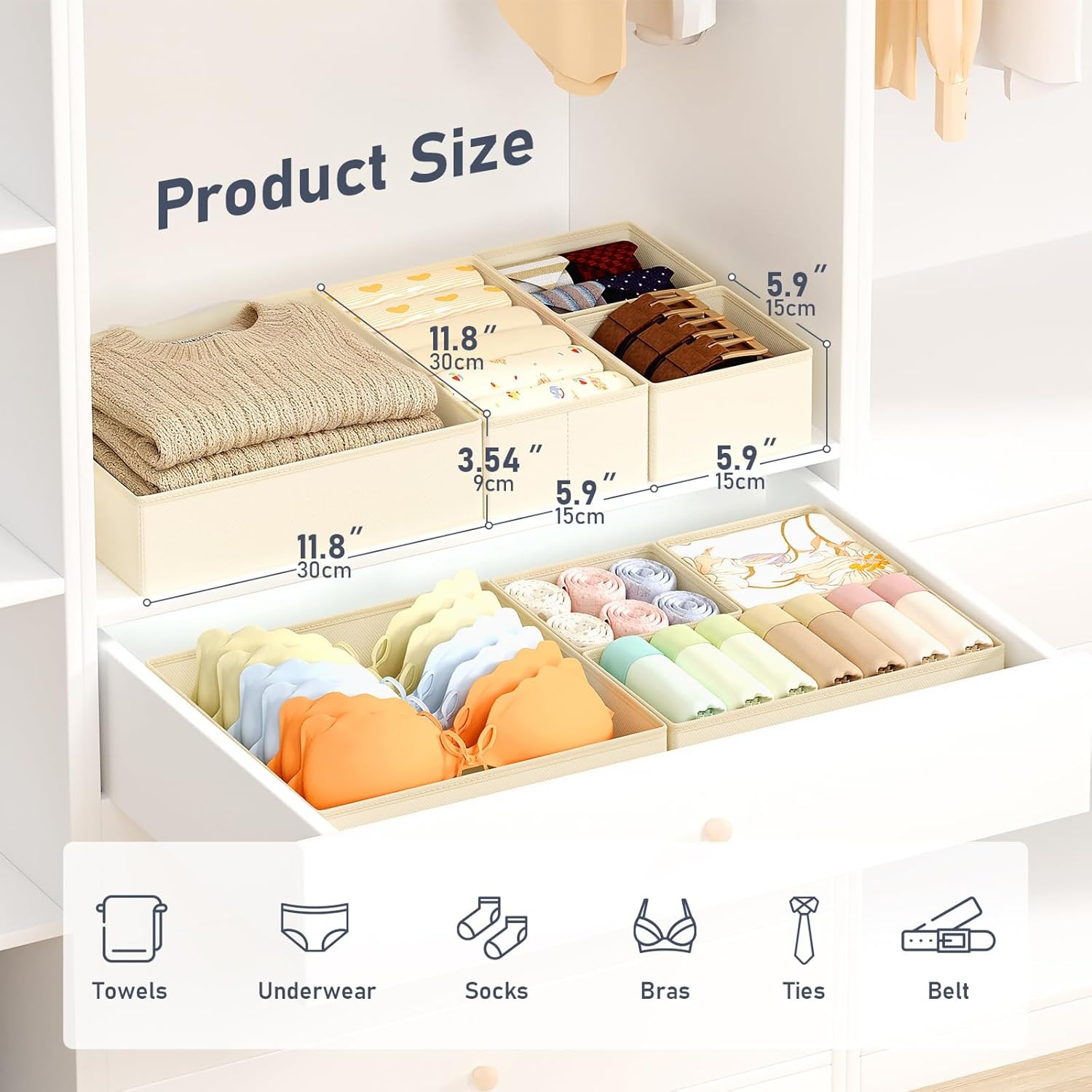 image:imageDIMJ Clothes Drawer Organizer 12 Packs Foldable Underwear Organizer for Baby Clothes Tie Bra Sock BlackBeige