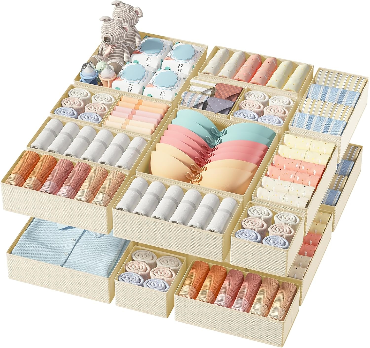 image:imageDIMJ Clothes Drawer Organizer 12 Packs Foldable Underwear Organizer for Baby Clothes Tie Bra Sock BlackBeige