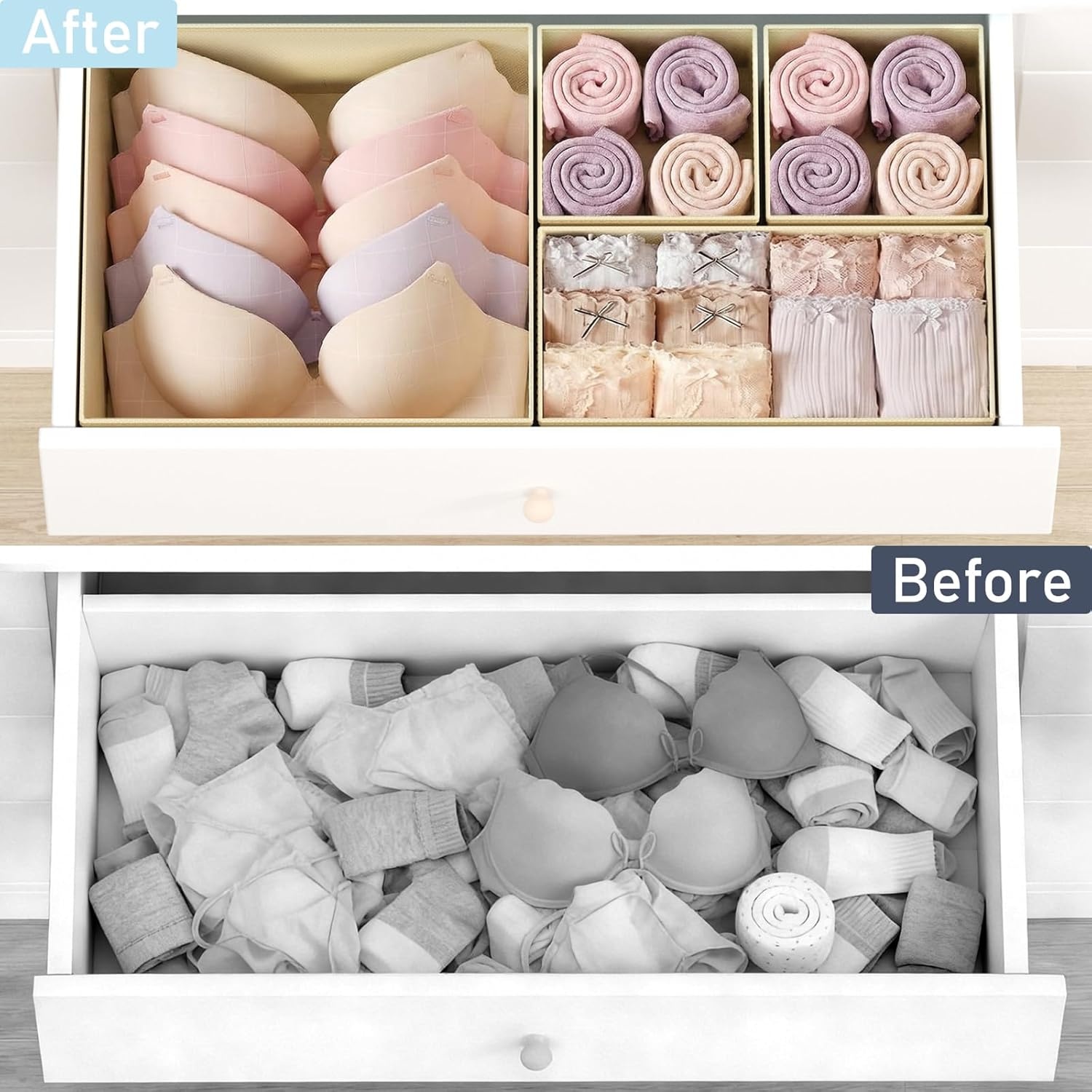 image:imageDIMJ Clothes Drawer Organizer 12 Packs Foldable Underwear Organizer for Baby Clothes Tie Bra Sock BlackBeige