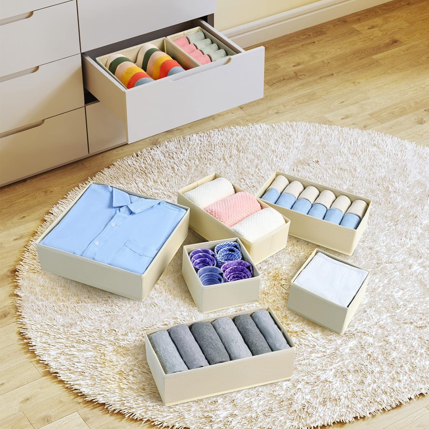 image:imageDIMJ Clothes Drawer Organizer 12 Packs Foldable Underwear Organizer for Baby Clothes Tie Bra Sock BlackBeige