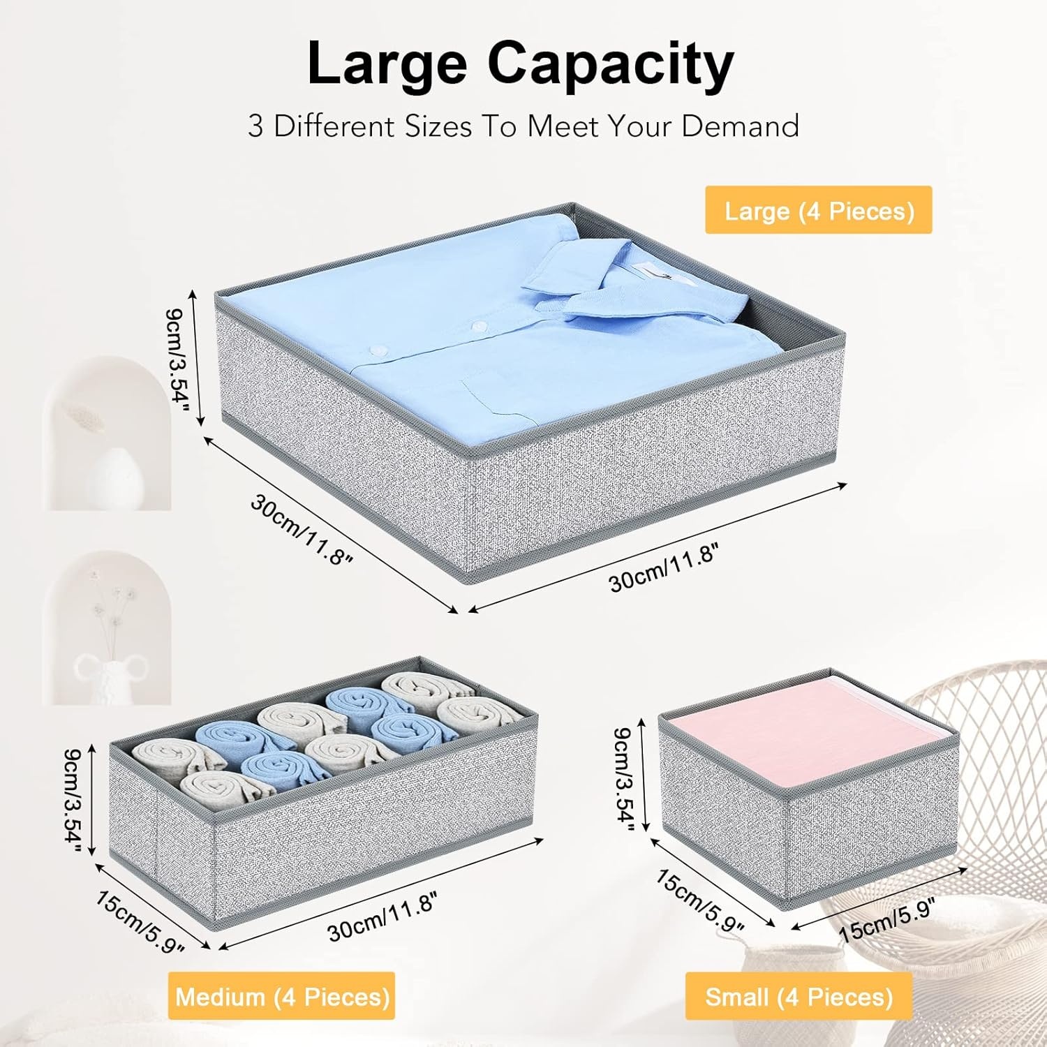 image:imageDIMJ Clothes Drawer Organizer 12 Packs Foldable Underwear Organizer for Baby Clothes Tie Bra Sock BlackBlended Gray