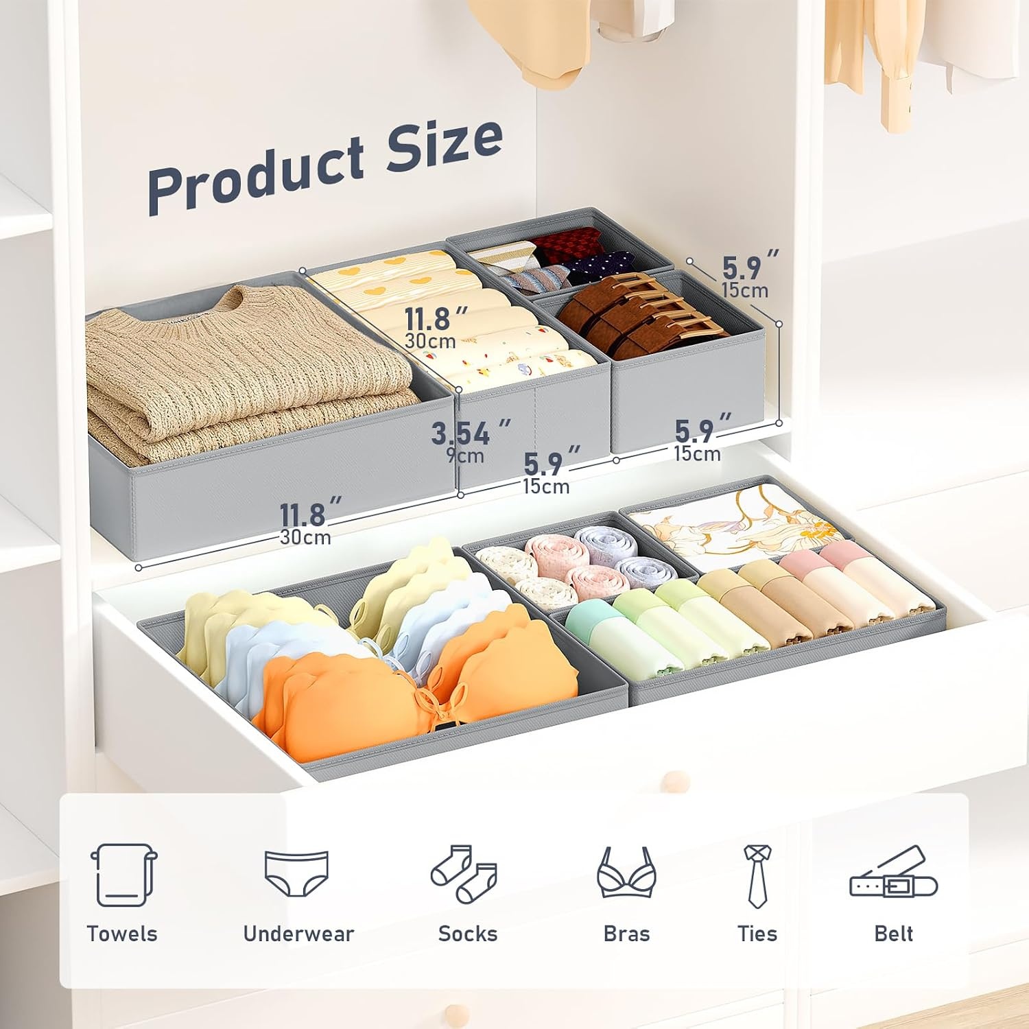 image:imageDIMJ Clothes Drawer Organizer 12 Packs Foldable Underwear Organizer for Baby Clothes Tie Bra Sock BlackWhite