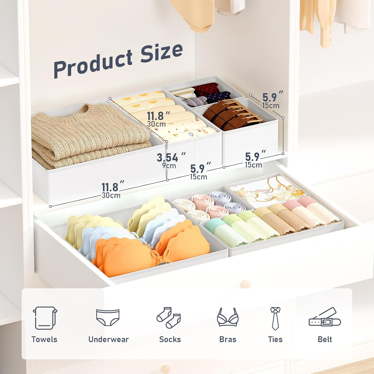 image:imageDIMJ Clothes Drawer Organizer 12 Packs Foldable Underwear Organizer for Baby Clothes Tie Bra Sock BlackWhite