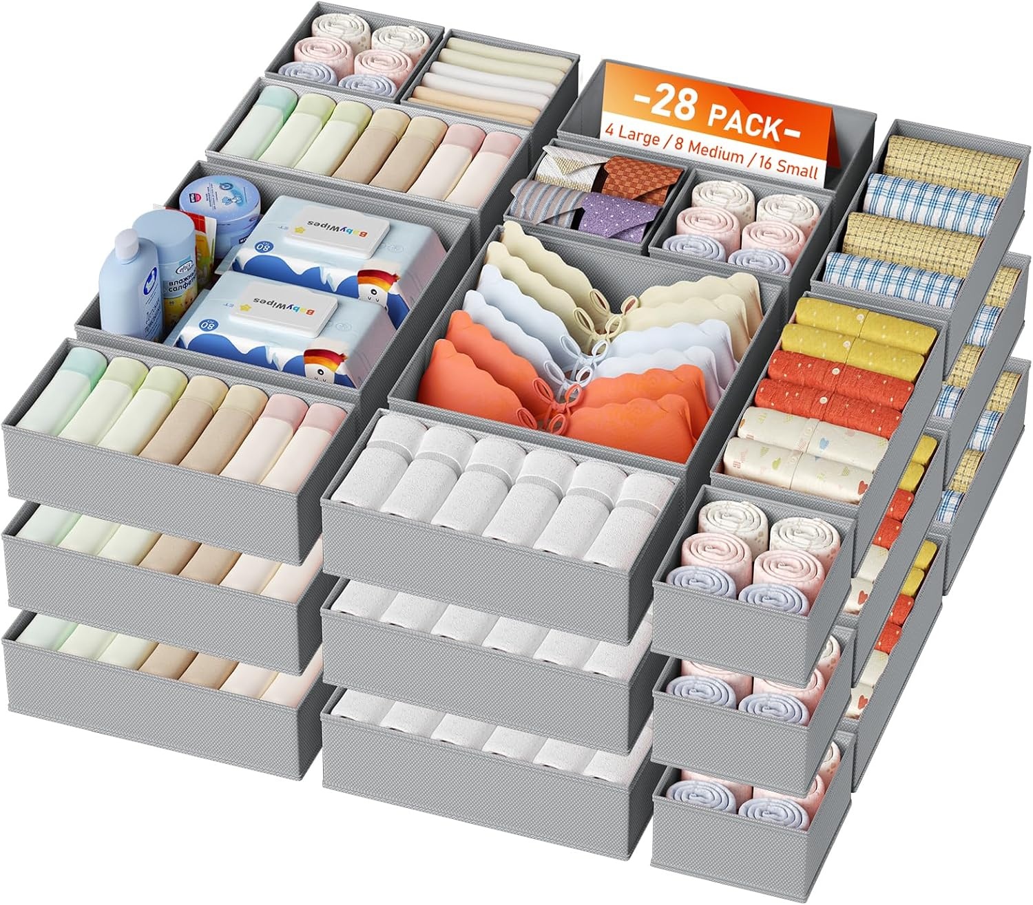 image:imageDIMJ Clothes Drawer Organizer 12 Packs Foldable Underwear Organizer for Baby Clothes Tie Bra Sock BlackWhite