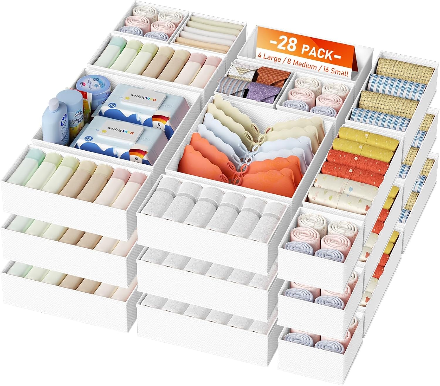 image:imageDIMJ Clothes Drawer Organizer 12 Packs Foldable Underwear Organizer for Baby Clothes Tie Bra Sock BlackWhite