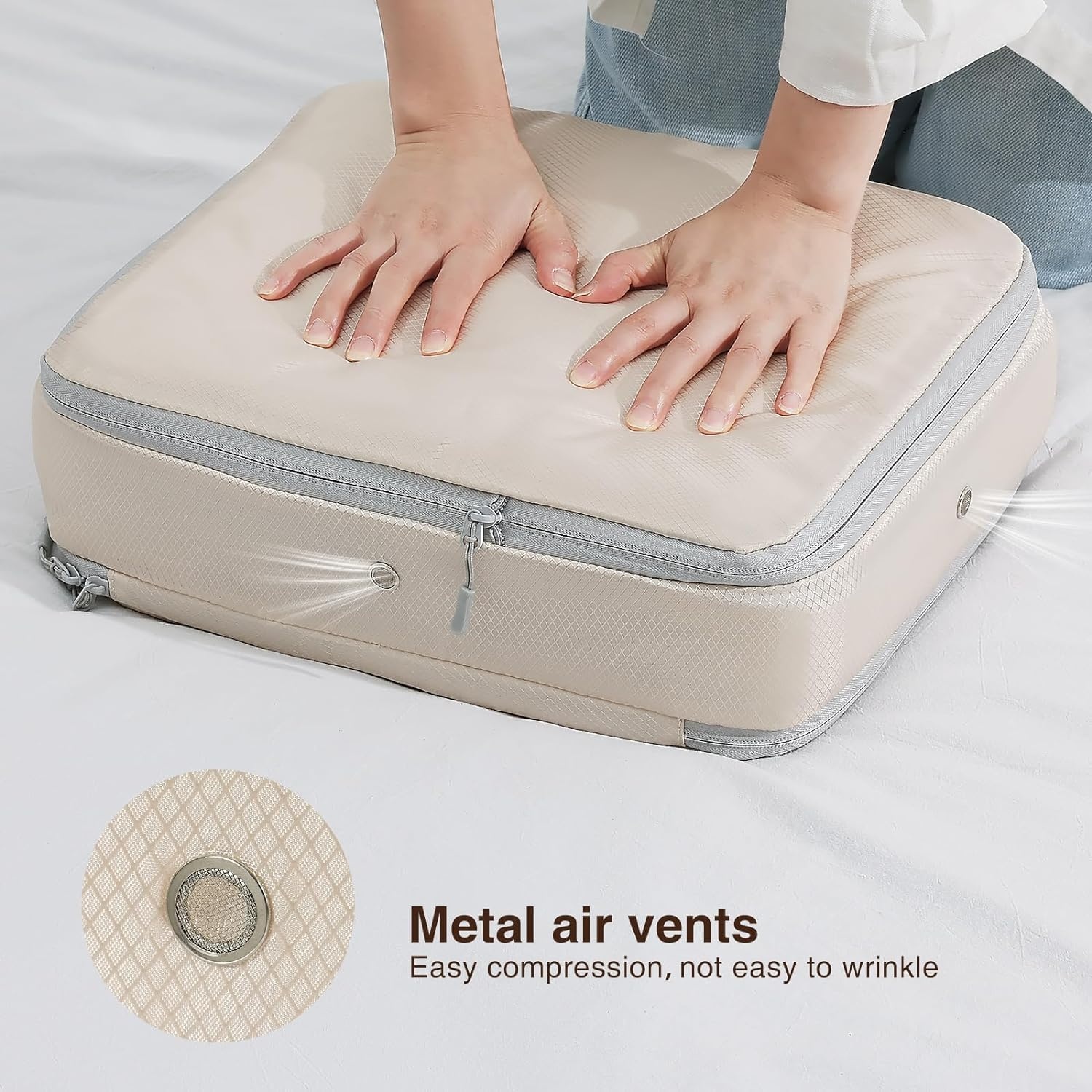 image:imageDIMJ Clothes Storage Bag 8 Pack 19L Compression Storage Bags for Sweater Closet Sheet Storage Organizer with Window Handle Compression Packing Cubes Space Saver Storage Bags with ZipperBeige