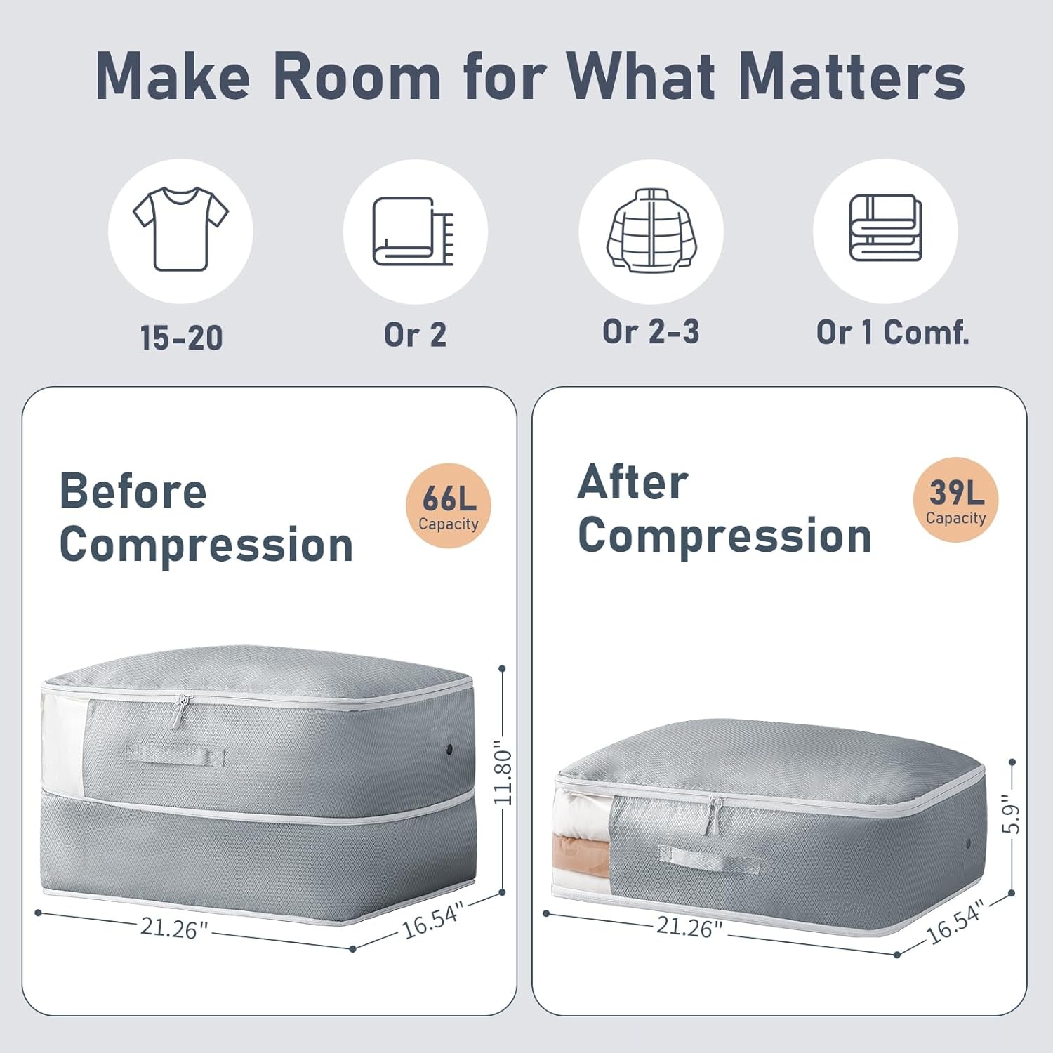 image:imageDIMJ Clothes Storage Bag 8 Pack 19L Compression Storage Bags for Sweater Closet Sheet Storage Organizer with Window Handle Compression Packing Cubes Space Saver Storage Bags with ZipperGray