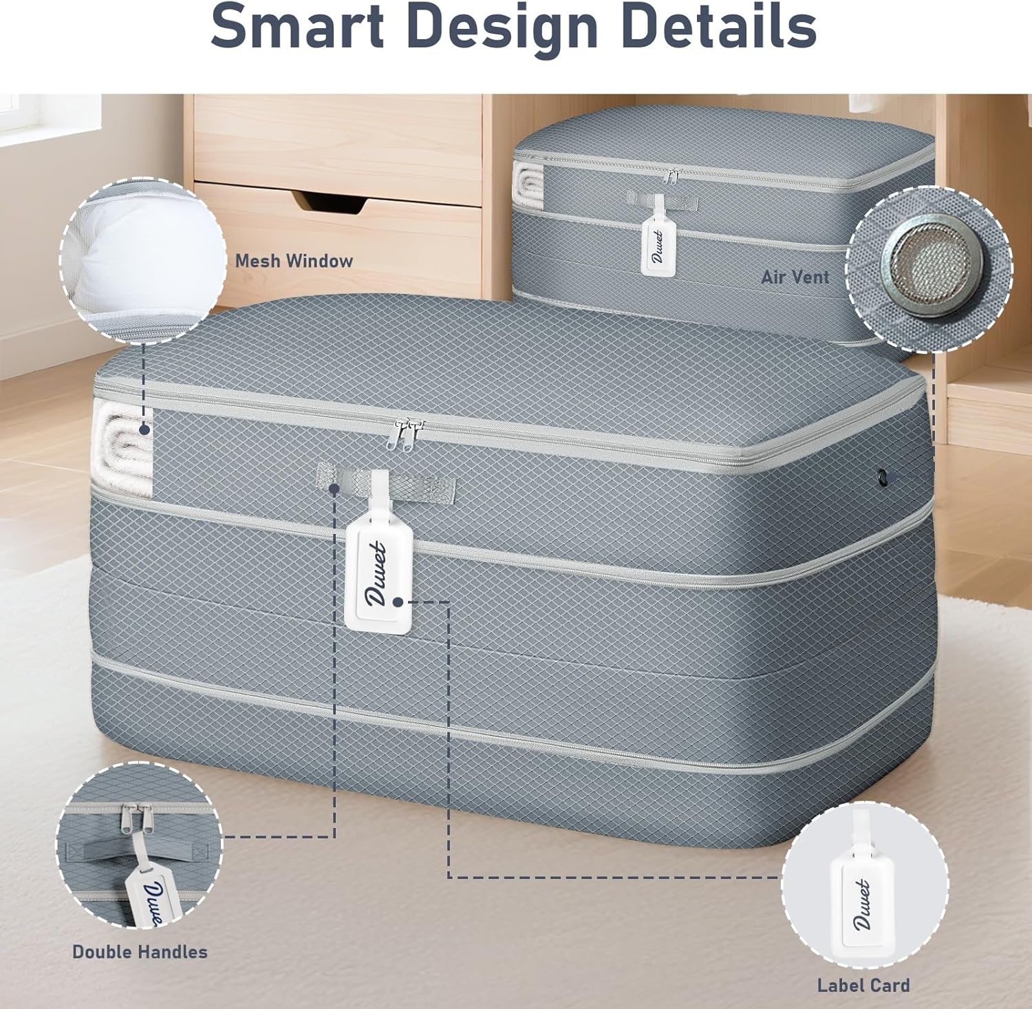 image:imageDIMJ Clothes Storage Bag 8 Pack 19L Compression Storage Bags for Sweater Closet Sheet Storage Organizer with Window Handle Compression Packing Cubes Space Saver Storage Bags with ZipperGray