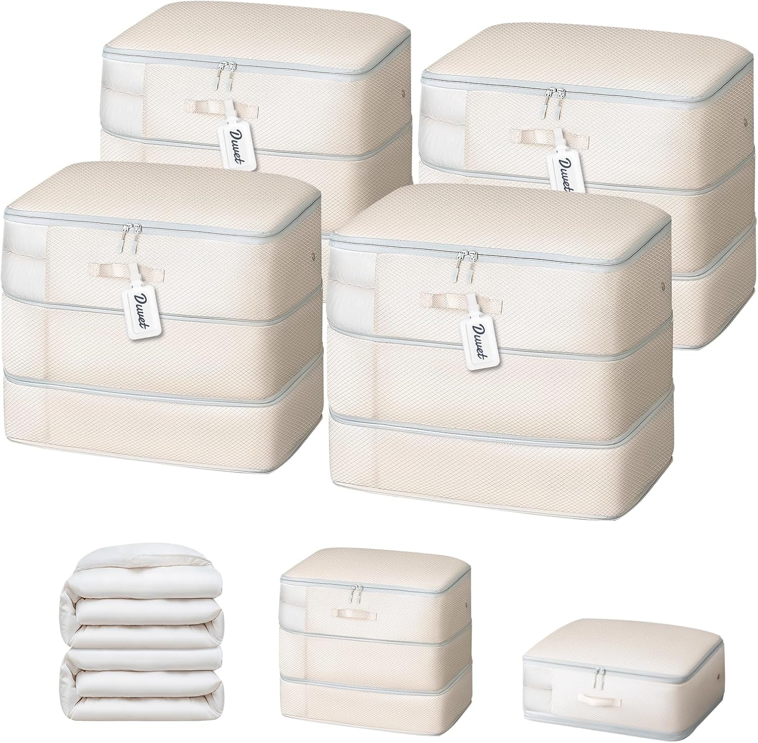 image:imageDIMJ Clothes Storage Bag 8 Pack 19L Compression Storage Bags for Sweater Closet Sheet Storage Organizer with Window Handle Compression Packing Cubes Space Saver Storage Bags with ZipperBeige