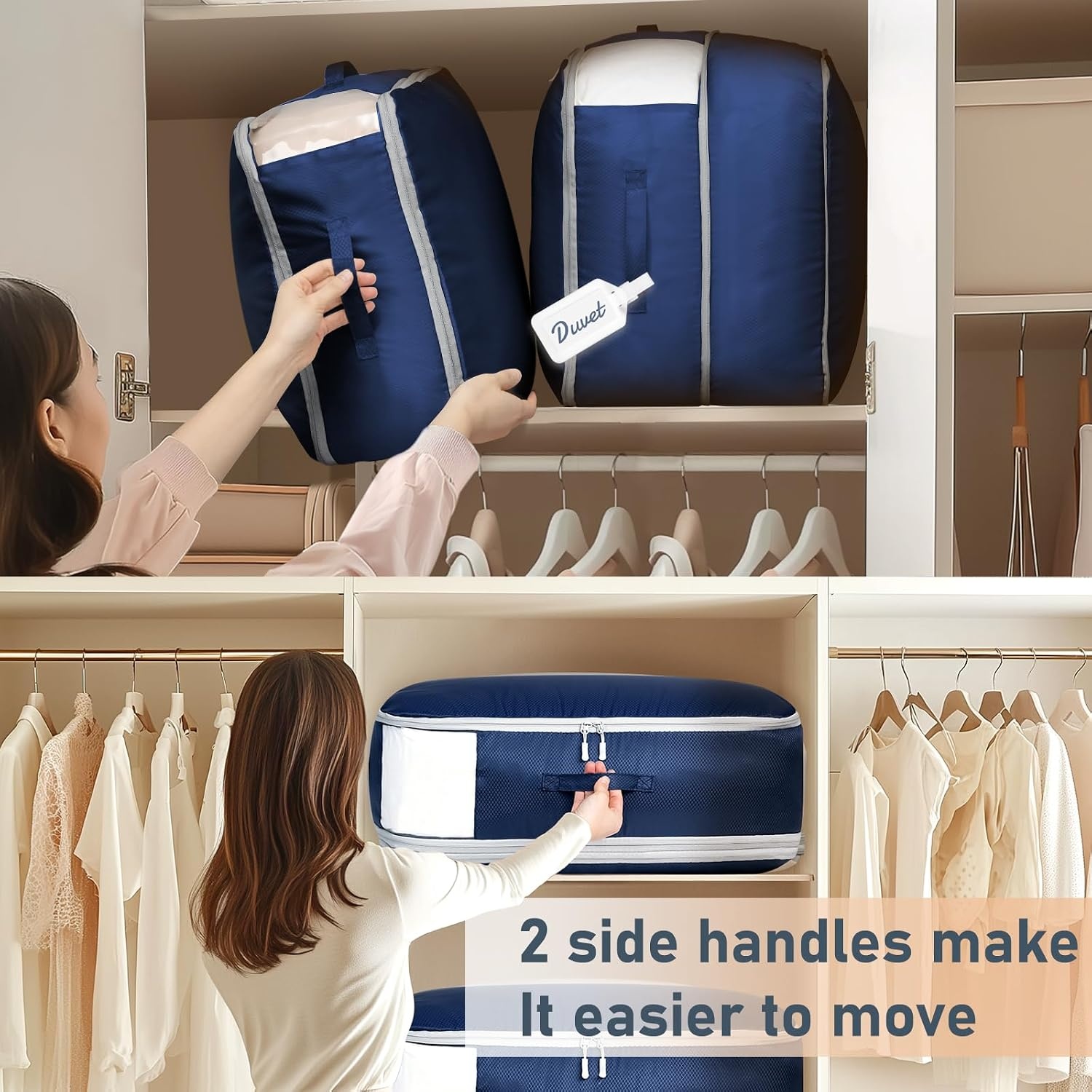 image:imageDIMJ Clothes Storage Bag 8 Pack 19L Compression Storage Bags for Sweater Closet Sheet Storage Organizer with Window Handle Compression Packing Cubes Space Saver Storage Bags with ZipperNavy Blue