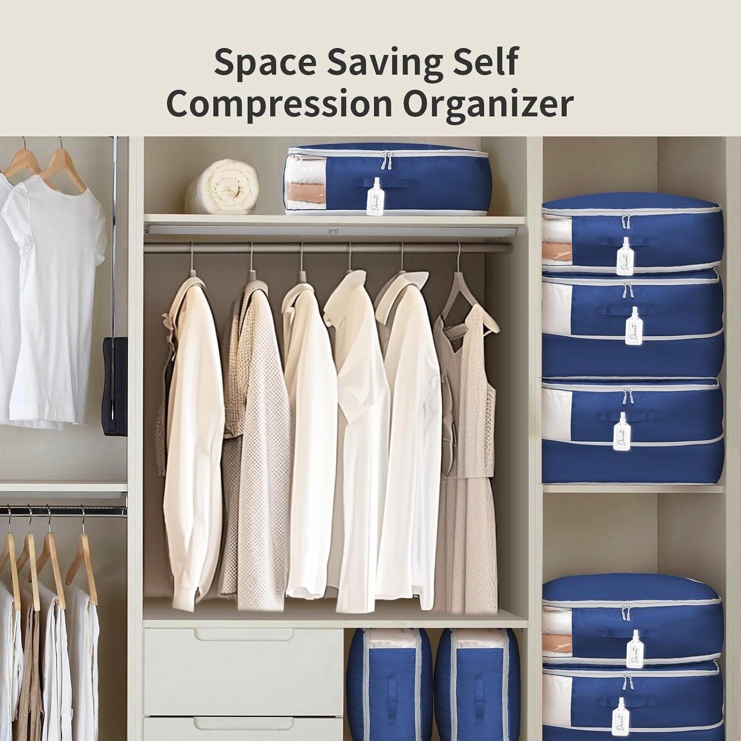image:imageDIMJ Clothes Storage Bag 8 Pack 19L Compression Storage Bags for Sweater Closet Sheet Storage Organizer with Window Handle Compression Packing Cubes Space Saver Storage Bags with ZipperNavy Blue