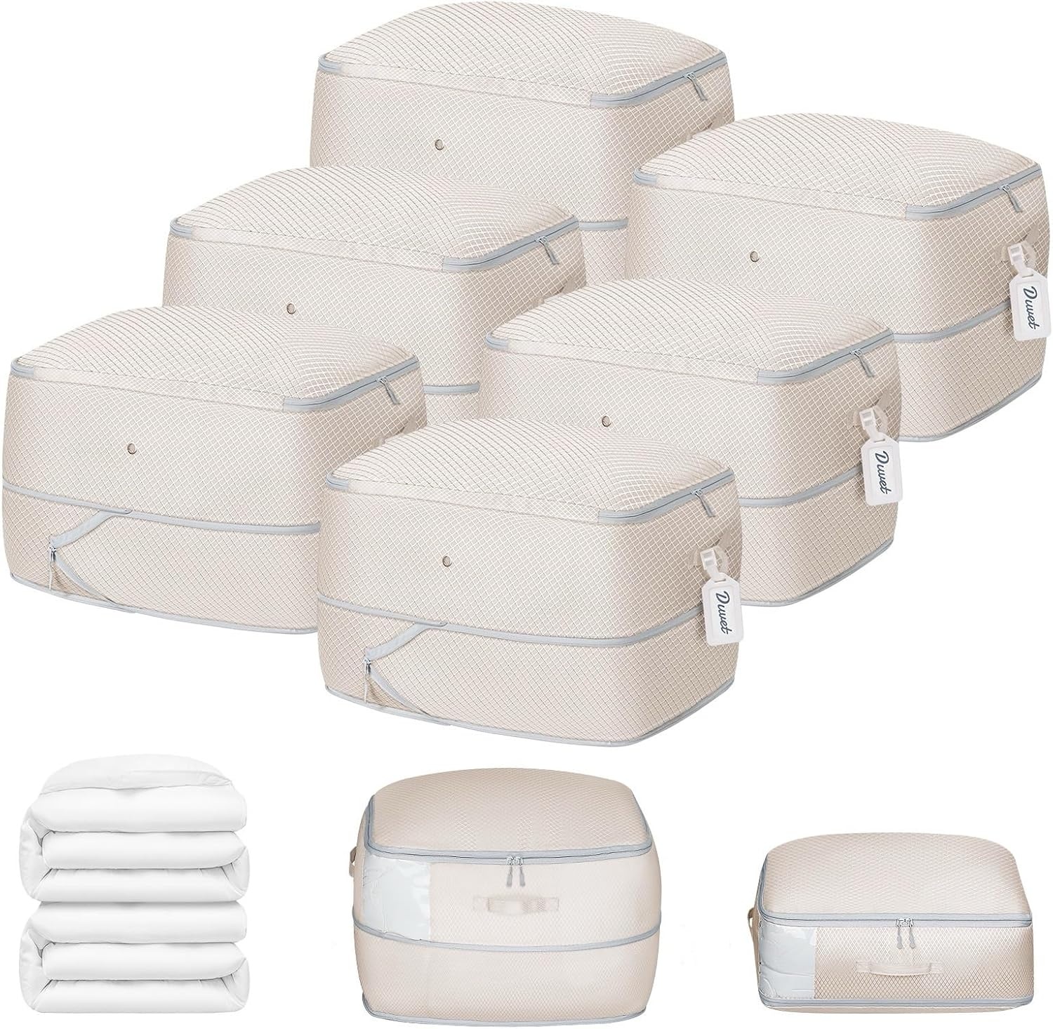 image:imageDIMJ Clothes Storage Bag 8 Pack 19L Compression Storage Bags for Sweater Closet Sheet Storage Organizer with Window Handle Compression Packing Cubes Space Saver Storage Bags with ZipperBeige