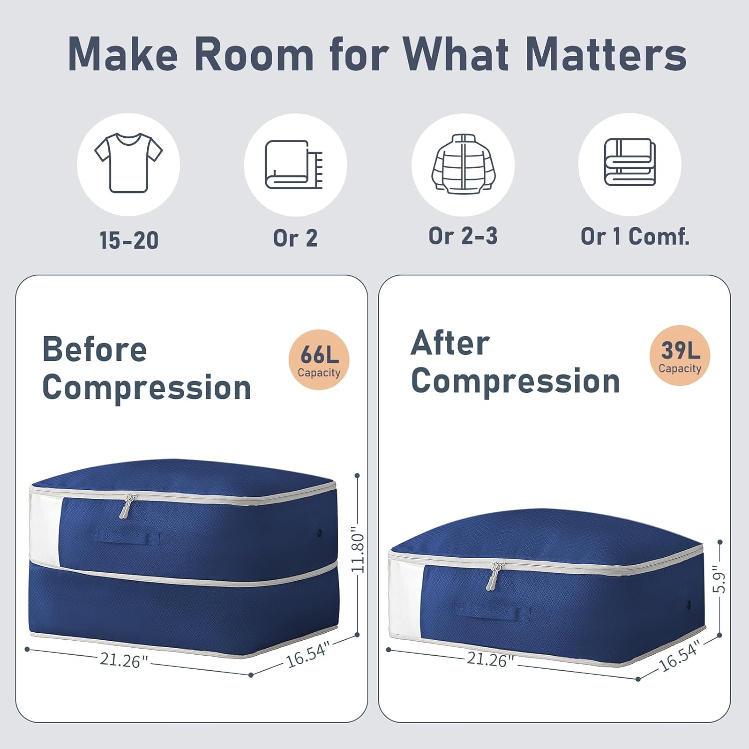 image:imageDIMJ Clothes Storage Bag 8 Pack 19L Compression Storage Bags for Sweater Closet Sheet Storage Organizer with Window Handle Compression Packing Cubes Space Saver Storage Bags with ZipperNavy Blue