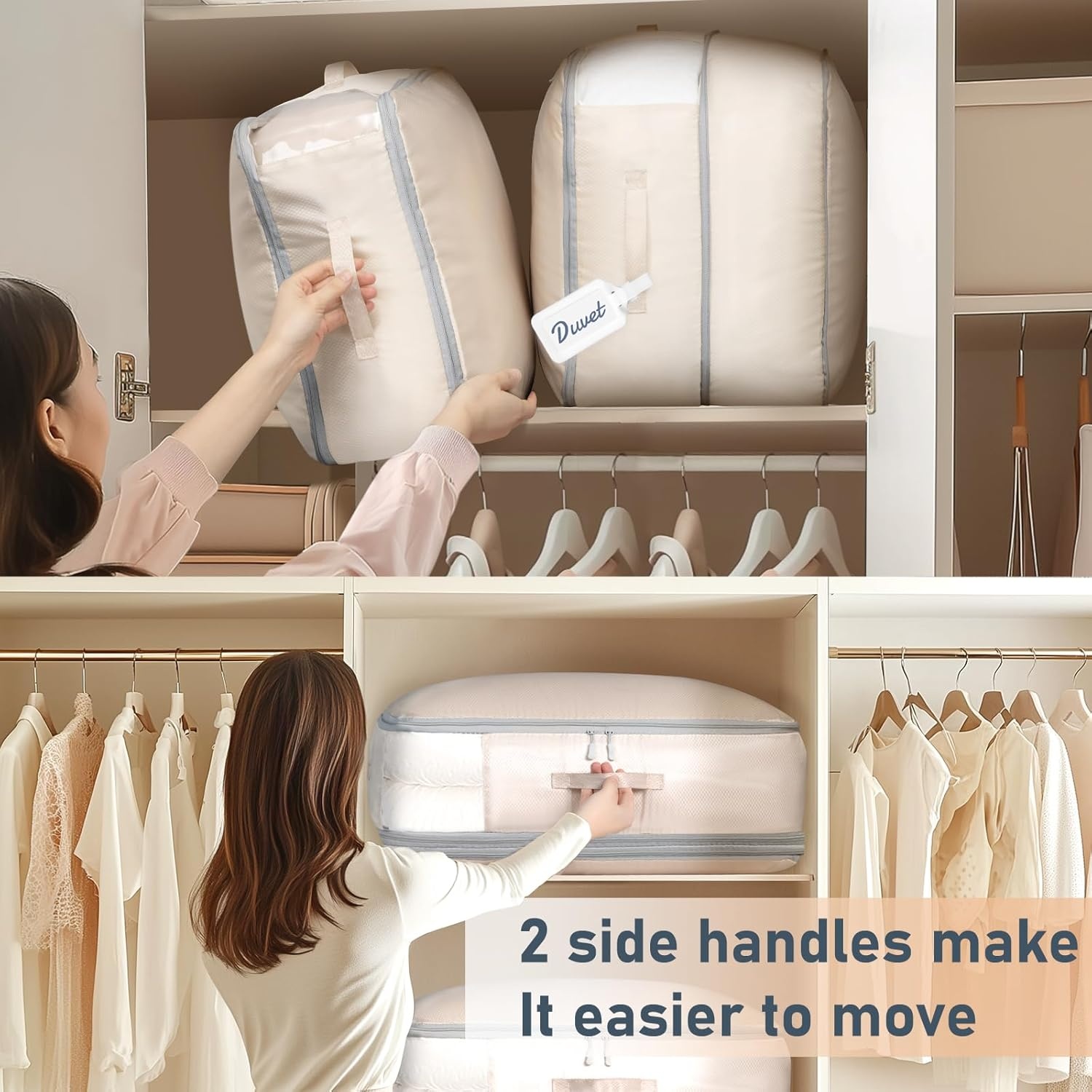 image:imageDIMJ Clothes Storage Bag 8 Pack 19L Compression Storage Bags for Sweater Closet Sheet Storage Organizer with Window Handle Compression Packing Cubes Space Saver Storage Bags with ZipperBeige