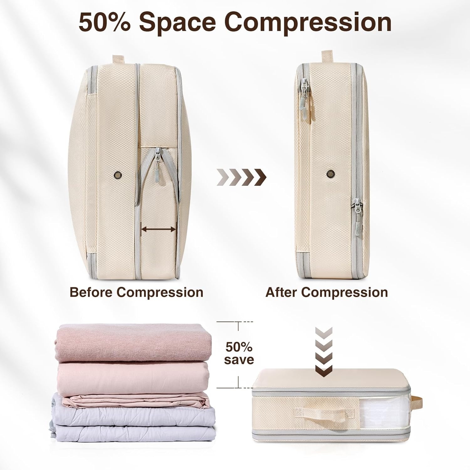 image:imageDIMJ Clothes Storage Bag 8 Pack 19L Compression Storage Bags for Sweater Closet Sheet Storage Organizer with Window Handle Compression Packing Cubes Space Saver Storage Bags with ZipperBeige