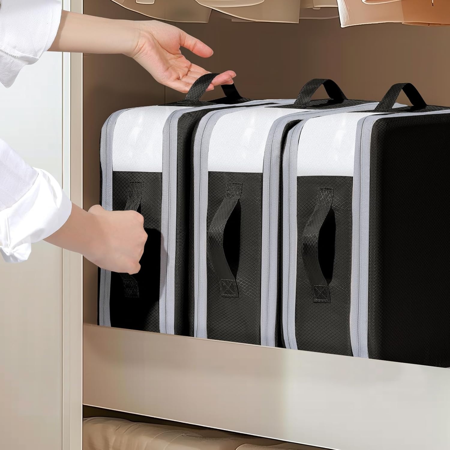 image:imageDIMJ Clothes Storage Bag 8 Pack 19L Compression Storage Bags for Sweater Closet Sheet Storage Organizer with Window Handle Compression Packing Cubes Space Saver Storage Bags with ZipperBlack