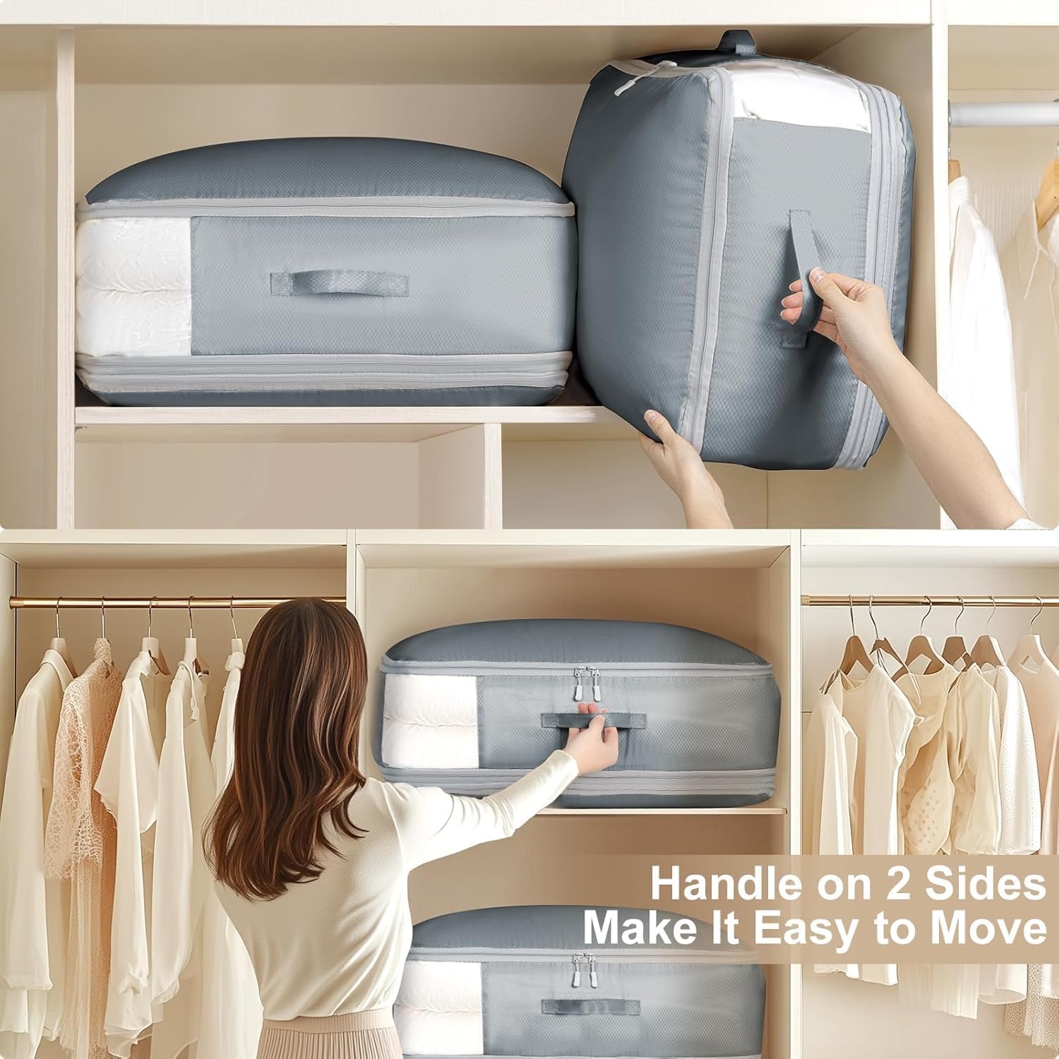 image:imageDIMJ Clothes Storage Bag 8 Pack 19L Compression Storage Bags for Sweater Closet Sheet Storage Organizer with Window Handle Compression Packing Cubes Space Saver Storage Bags with ZipperGray