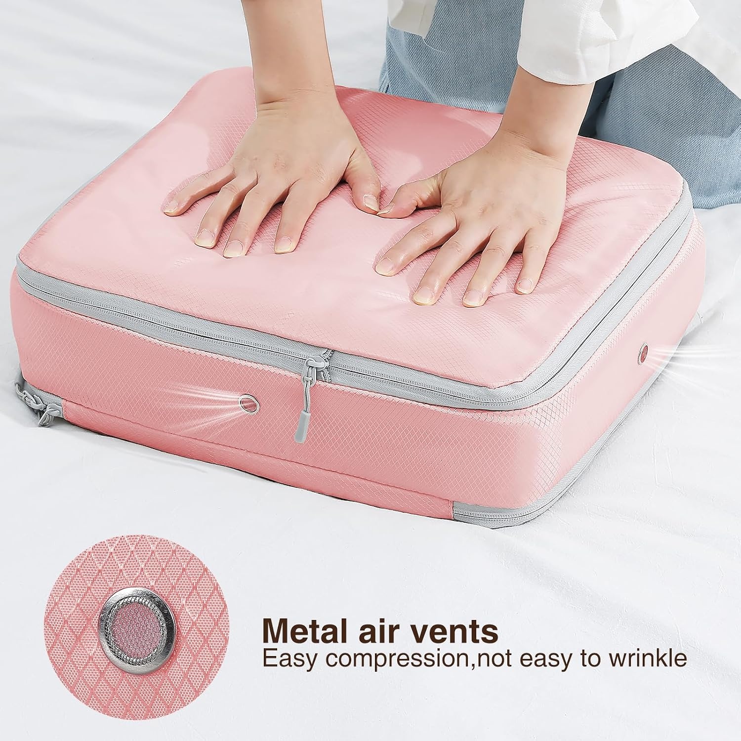image:imageDIMJ Clothes Storage Bag 8 Pack 19L Compression Storage Bags for Sweater Closet Sheet Storage Organizer with Window Handle Compression Packing Cubes Space Saver Storage Bags with ZipperPink
