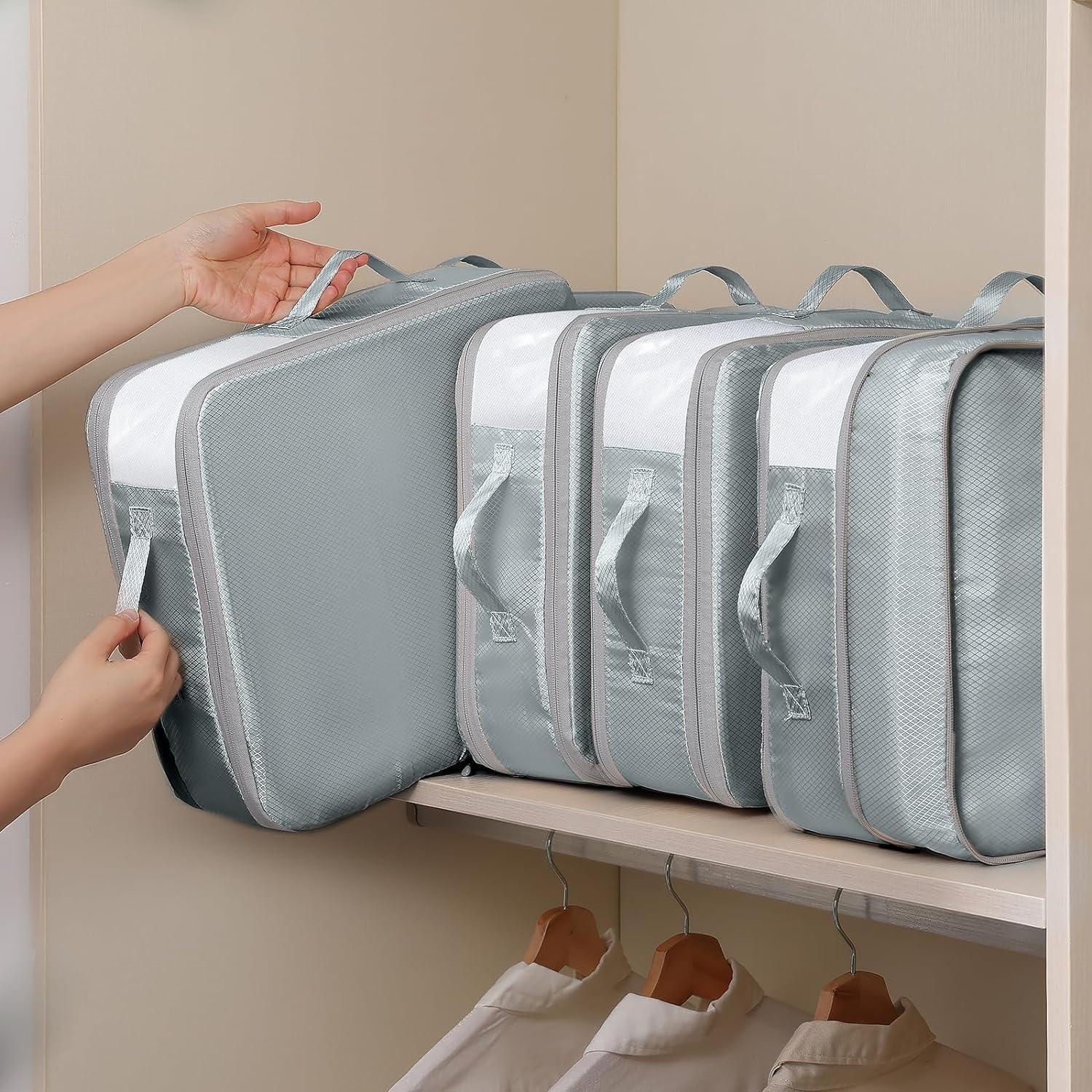 image:imageDIMJ Clothes Storage Bag 8 Pack 19L Compression Storage Bags for Sweater Closet Sheet Storage Organizer with Window Handle Compression Packing Cubes Space Saver Storage Bags with ZipperGray