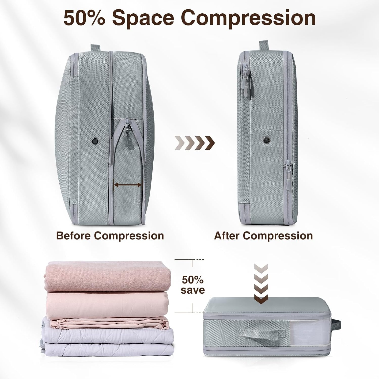 image:imageDIMJ Clothes Storage Bag 8 Pack 19L Compression Storage Bags for Sweater Closet Sheet Storage Organizer with Window Handle Compression Packing Cubes Space Saver Storage Bags with ZipperGray