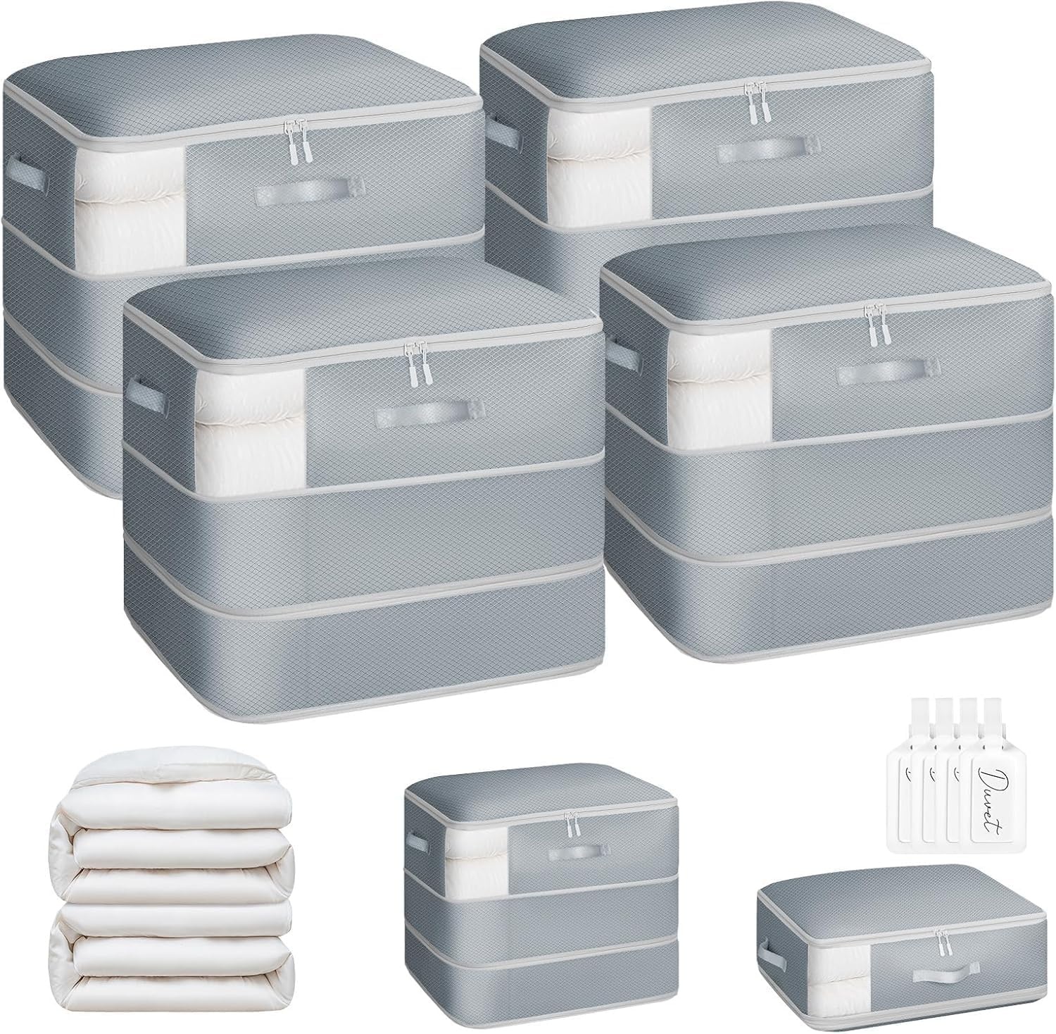 image:imageDIMJ Clothes Storage Bag 8 Pack 19L Compression Storage Bags for Sweater Closet Sheet Storage Organizer with Window Handle Compression Packing Cubes Space Saver Storage Bags with ZipperGray