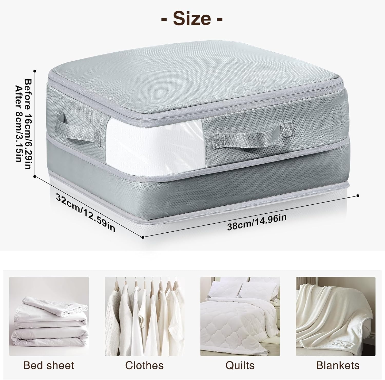 image:imageDIMJ Clothes Storage Bag 8 Pack 19L Compression Storage Bags for Sweater Closet Sheet Storage Organizer with Window Handle Compression Packing Cubes Space Saver Storage Bags with ZipperGray