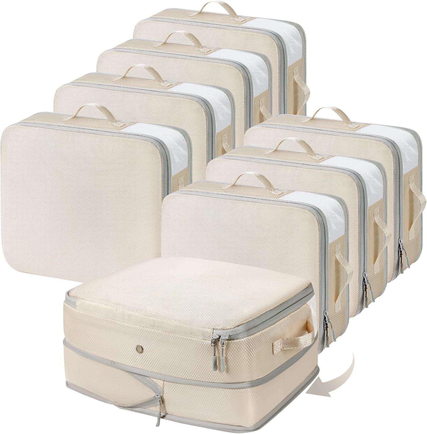 image:imageDIMJ Clothes Storage Bag 8 Pack 19L Compression Storage Bags for Sweater Closet Sheet Storage Organizer with Window Handle Compression Packing Cubes Space Saver Storage Bags with ZipperBeige