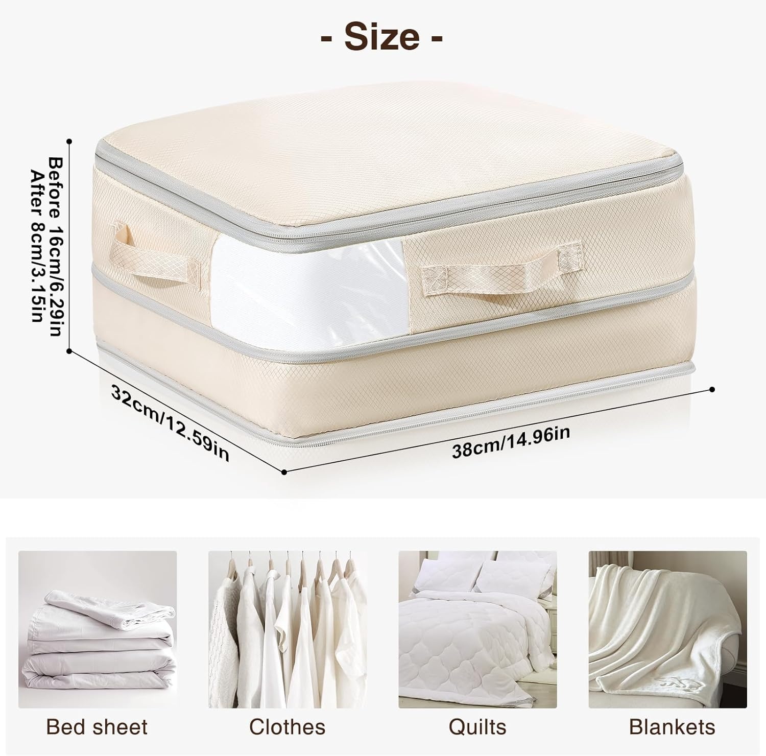 image:imageDIMJ Clothes Storage Bag 8 Pack 19L Compression Storage Bags for Sweater Closet Sheet Storage Organizer with Window Handle Compression Packing Cubes Space Saver Storage Bags with ZipperBeige
