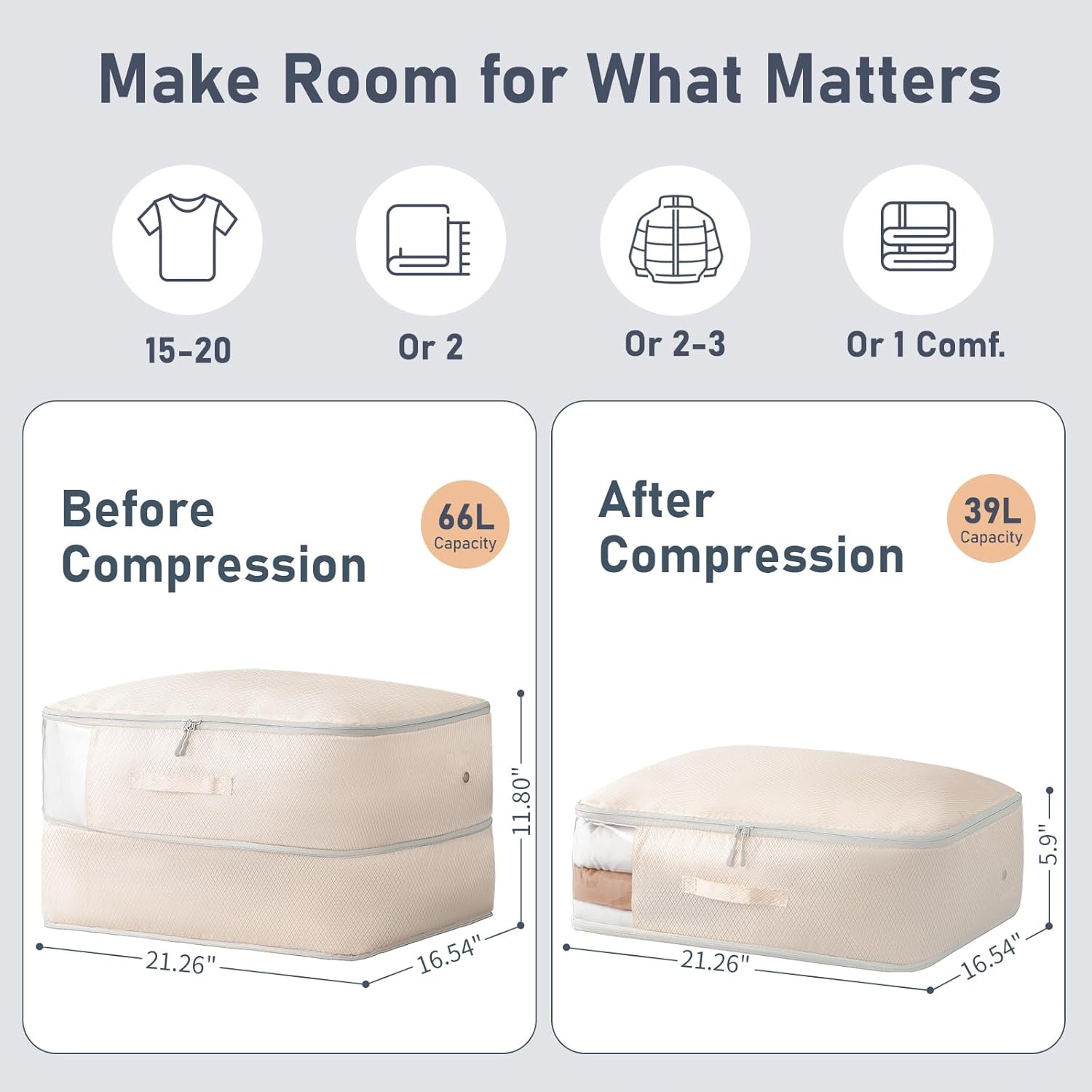 image:imageDIMJ Clothes Storage Bag 8 Pack 19L Compression Storage Bags for Sweater Closet Sheet Storage Organizer with Window Handle Compression Packing Cubes Space Saver Storage Bags with ZipperBeige