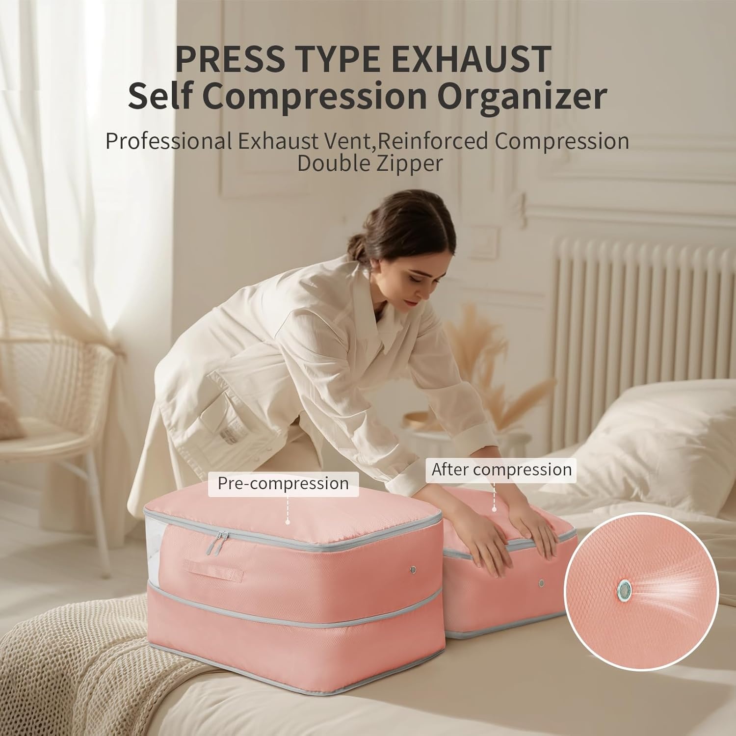 image:imageDIMJ Clothes Storage Bag 8 Pack 19L Compression Storage Bags for Sweater Closet Sheet Storage Organizer with Window Handle Compression Packing Cubes Space Saver Storage Bags with ZipperPink