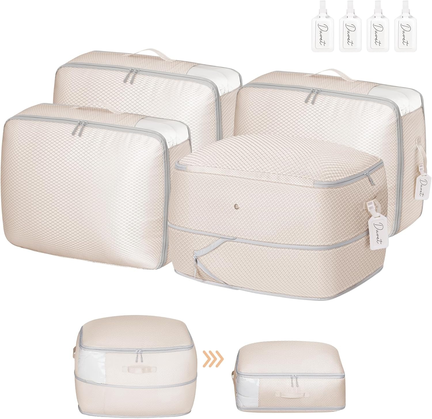 image:imageDIMJ Clothes Storage Bag 8 Pack 19L Compression Storage Bags for Sweater Closet Sheet Storage Organizer with Window Handle Compression Packing Cubes Space Saver Storage Bags with ZipperBeige
