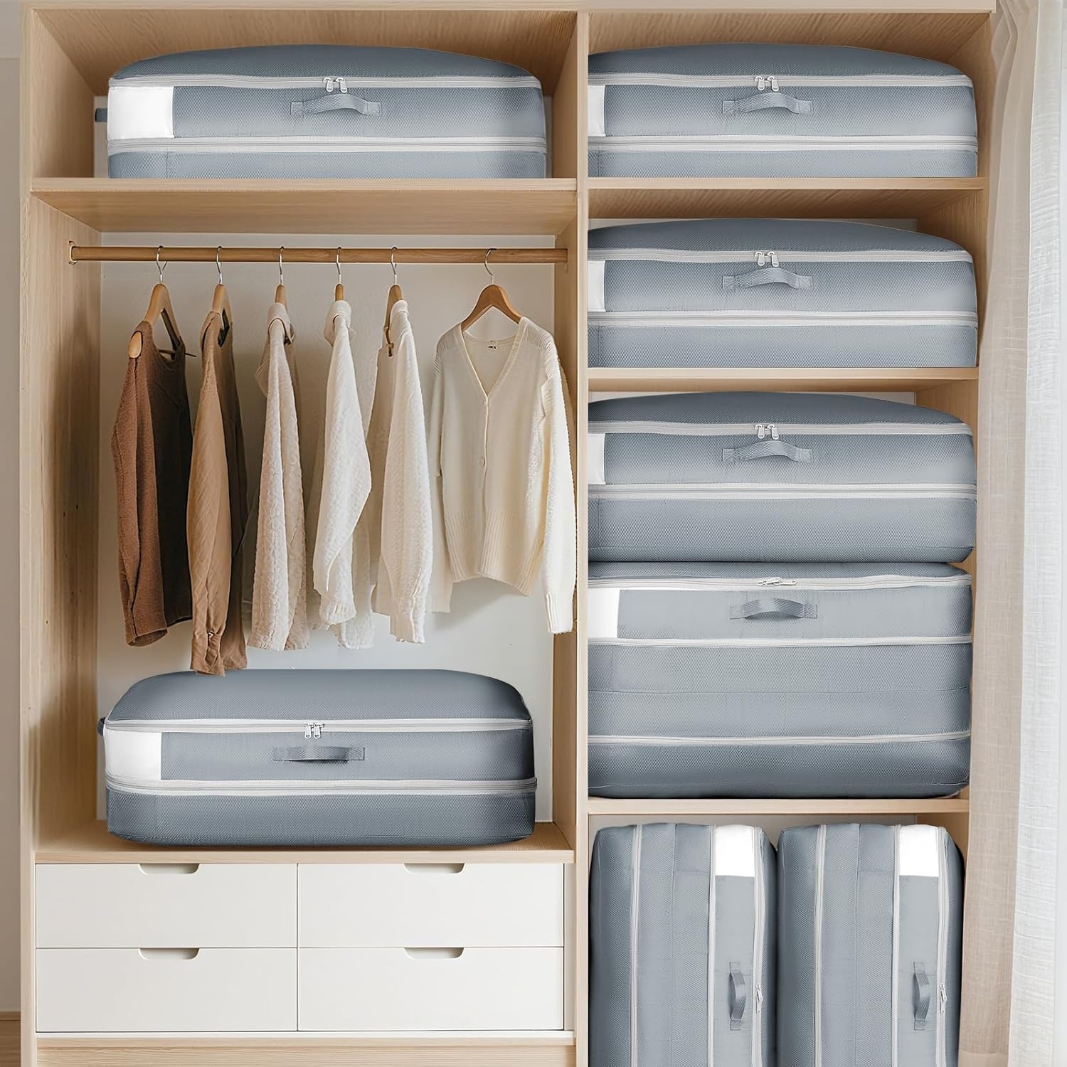 image:imageDIMJ Clothes Storage Bag 8 Pack 19L Compression Storage Bags for Sweater Closet Sheet Storage Organizer with Window Handle Compression Packing Cubes Space Saver Storage Bags with ZipperGray